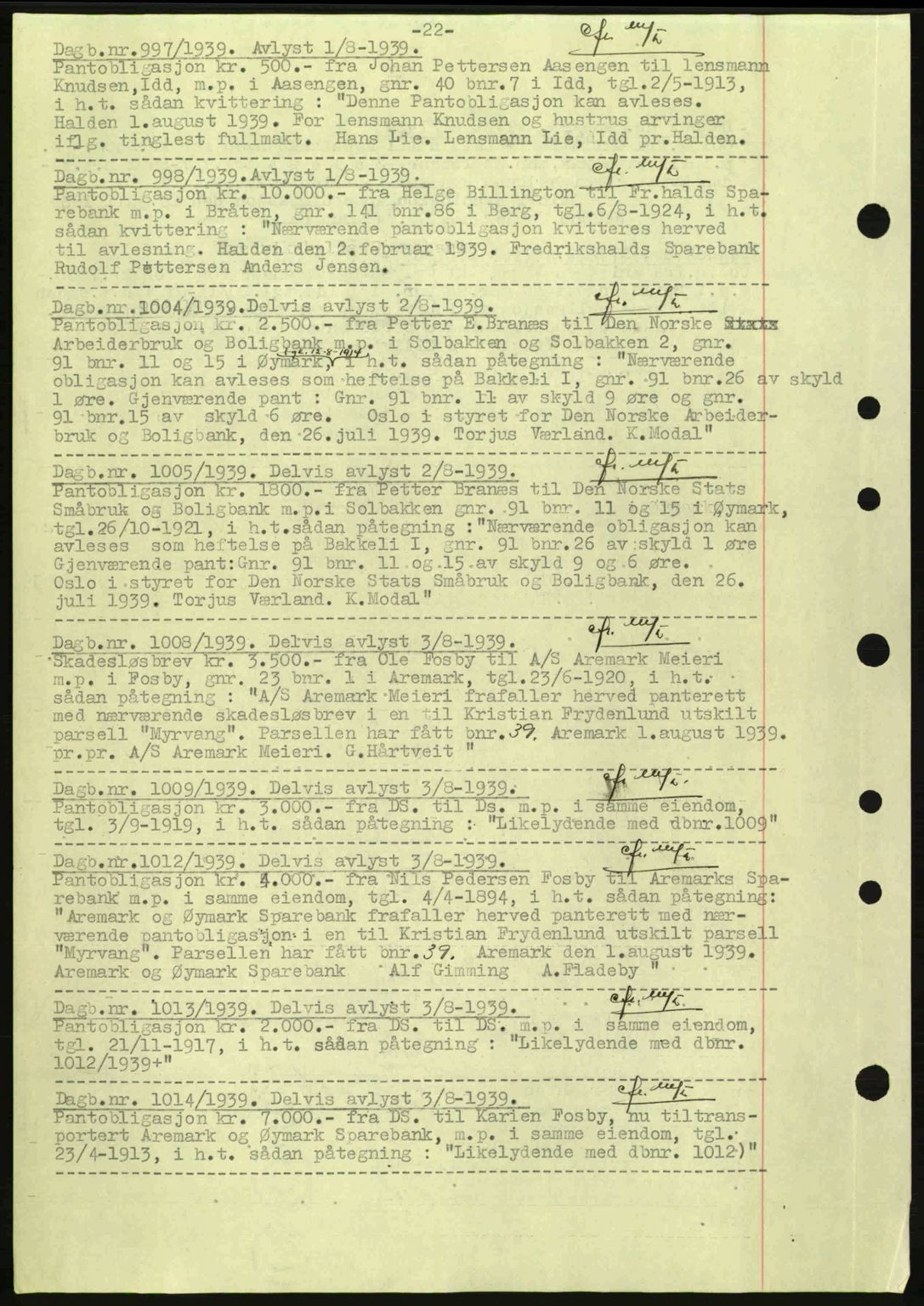 Idd og Marker sorenskriveri, AV/SAO-A-10283/G/Gb/Gbc/L0002: Pantebok nr. B4-9a, 1939-1945, Dagboknr: 997/1939