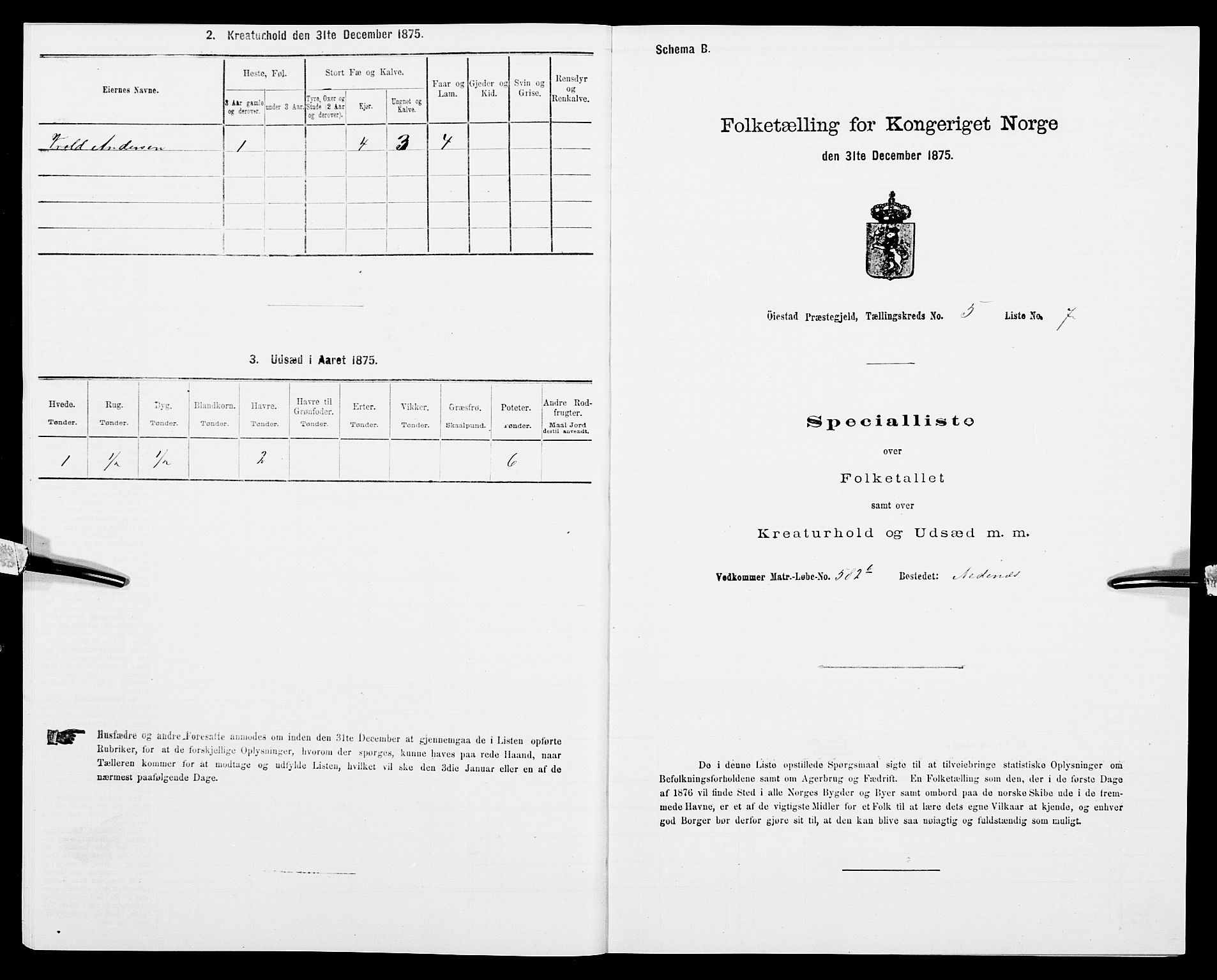 SAK, Folketelling 1875 for 0920P Øyestad prestegjeld, 1875, s. 616