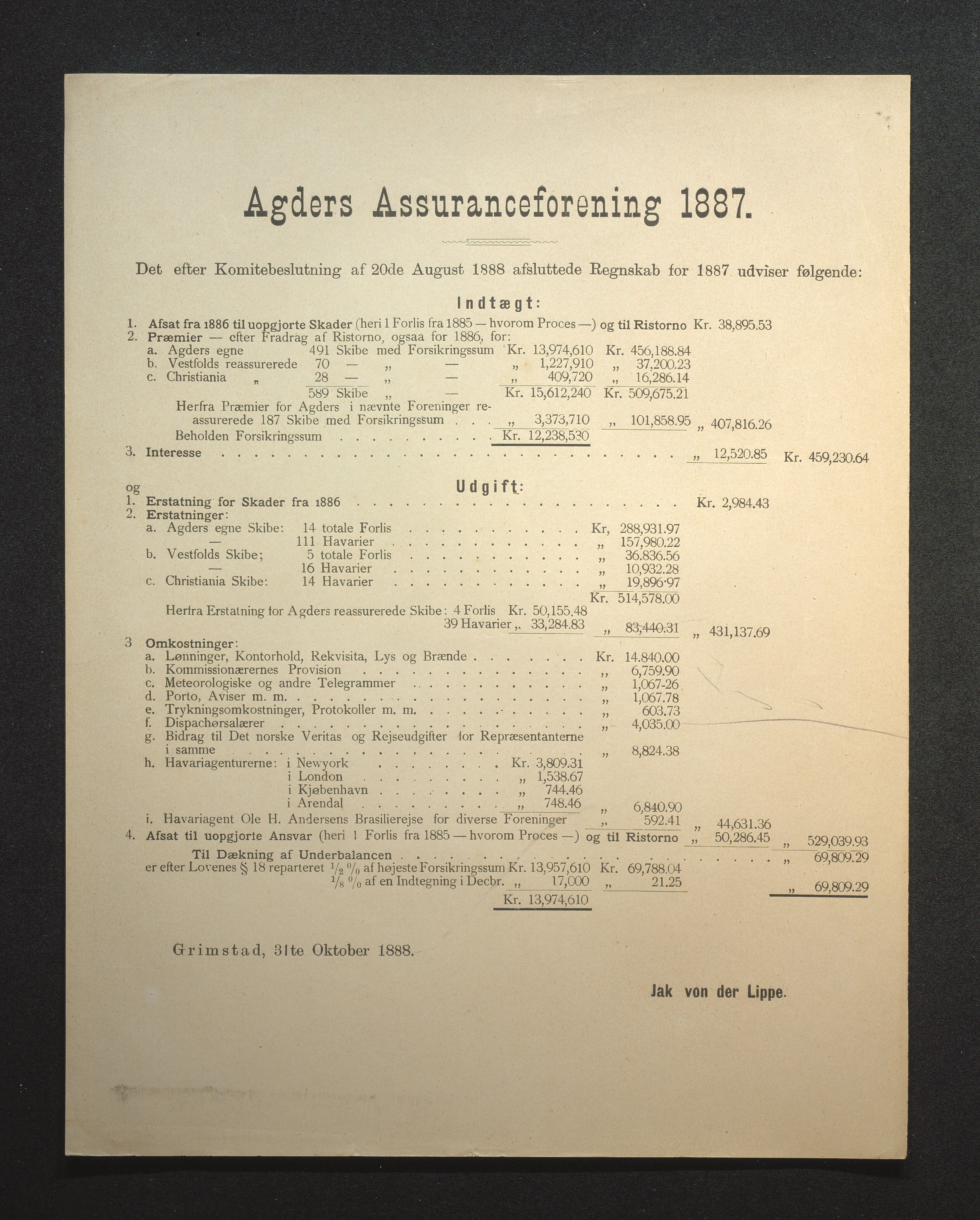 Agders Gjensidige Assuranceforening, AAKS/PA-1718/05/L0002: Regnskap, seilavdeling, pakkesak, 1881-1889