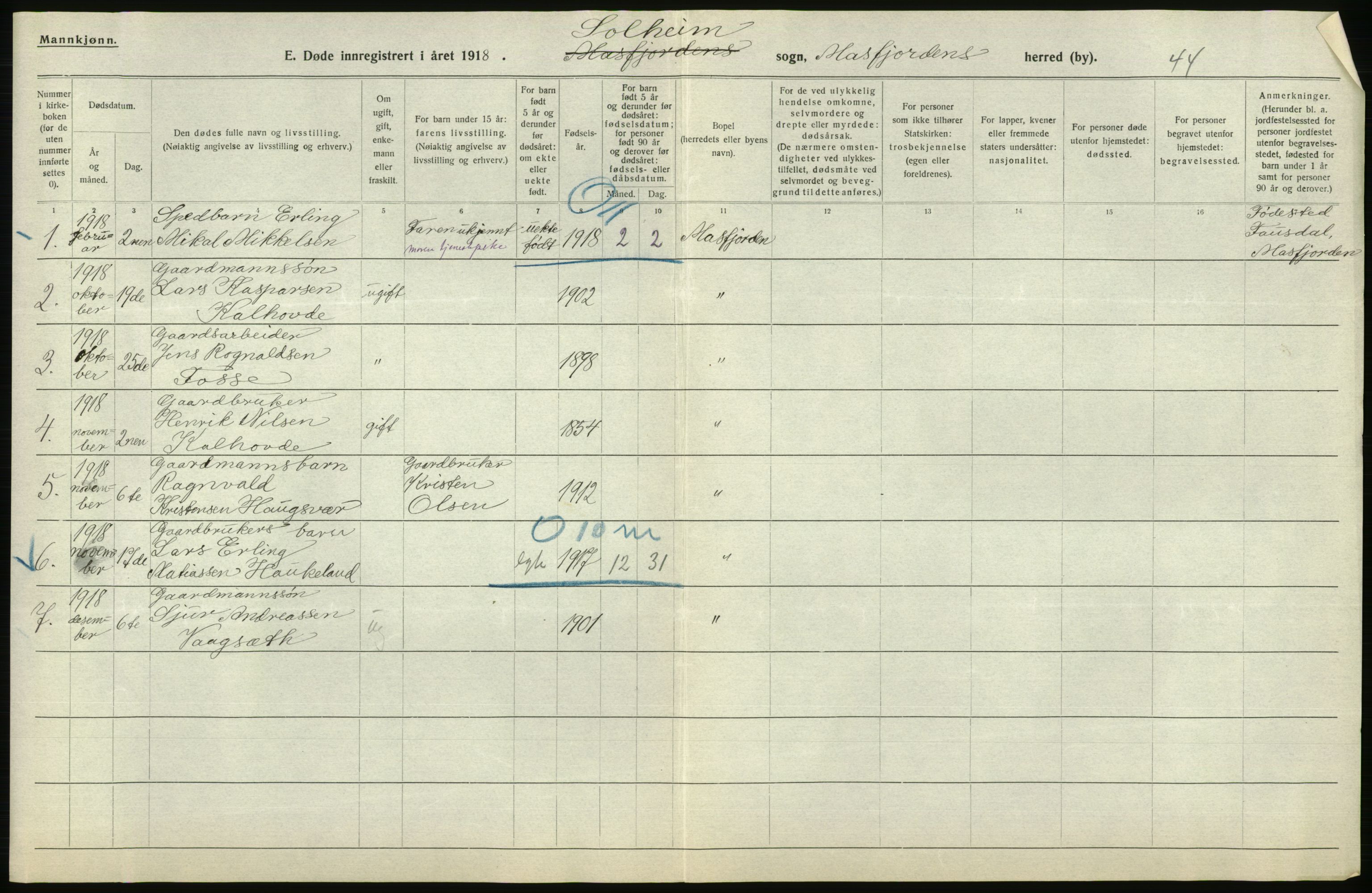 Statistisk sentralbyrå, Sosiodemografiske emner, Befolkning, AV/RA-S-2228/D/Df/Dfb/Dfbh/L0036: Hordaland fylke: Døde., 1918, s. 298