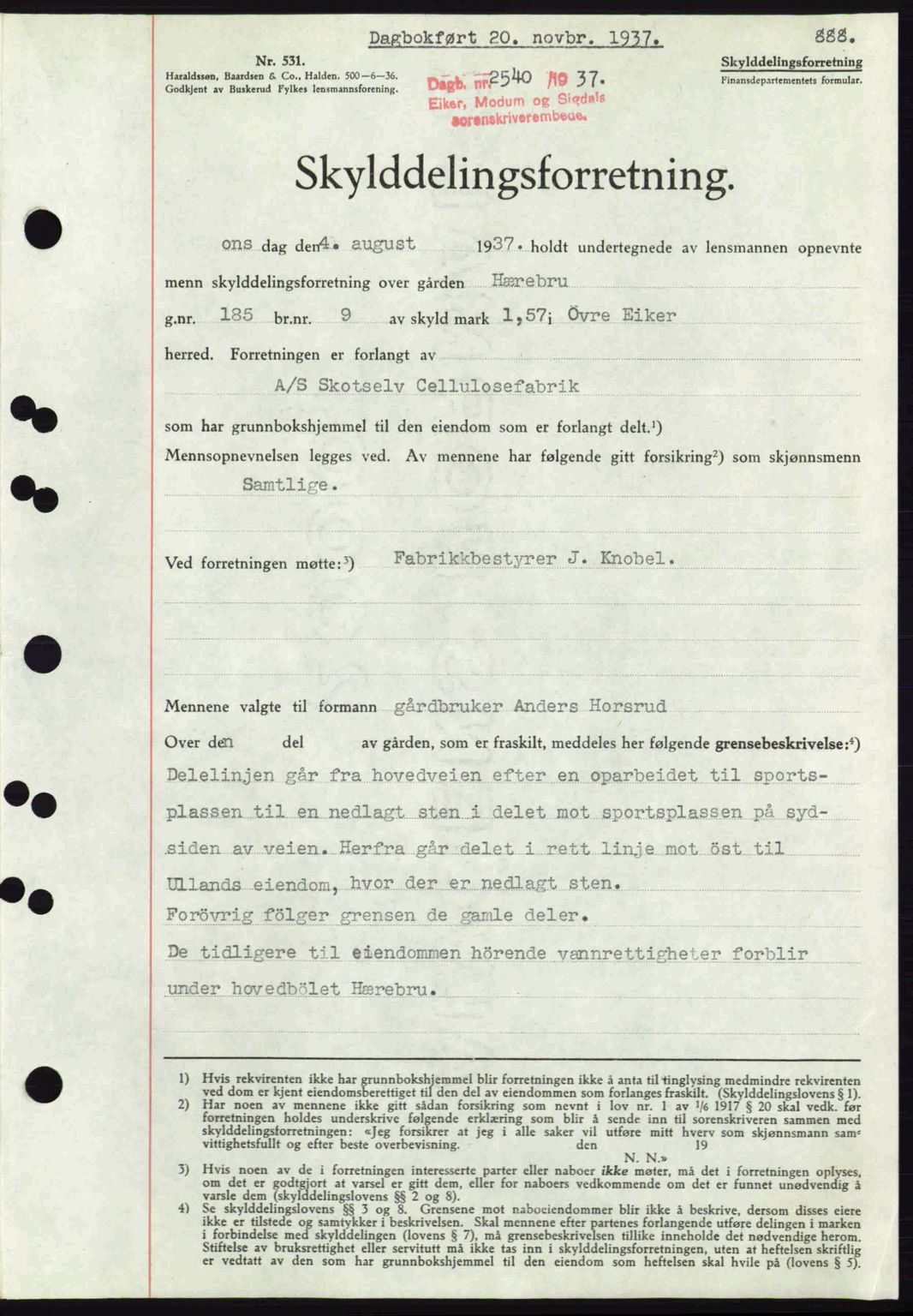 Eiker, Modum og Sigdal sorenskriveri, SAKO/A-123/G/Ga/Gab/L0036: Pantebok nr. A6, 1937-1937, Dagboknr: 2540/1937