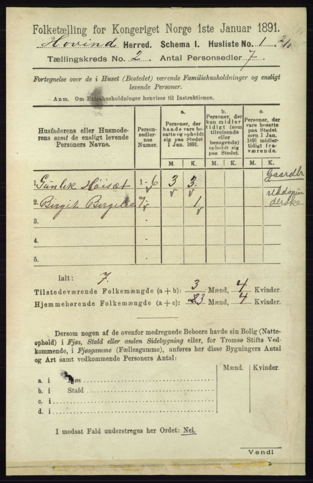 RA, Folketelling 1891 for 0825 Hovin herred, 1891, s. 459