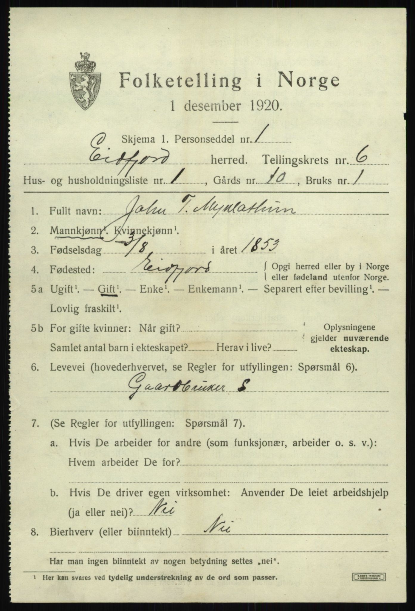 SAB, Folketelling 1920 for 1232 Eidfjord herred, 1920, s. 1920