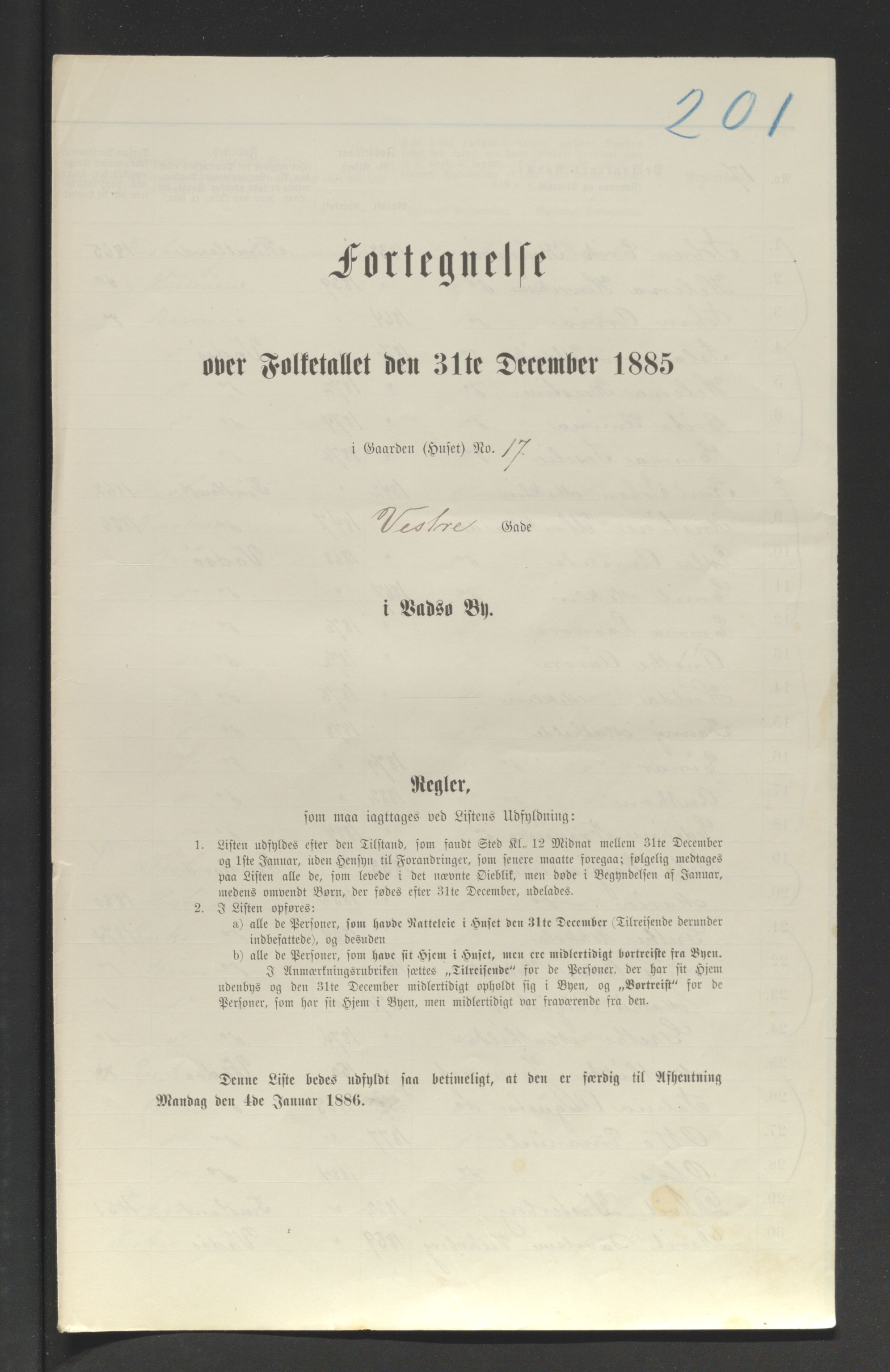 SATØ, Folketelling 1885 for 2003 Vadsø kjøpstad, 1885, s. 201a-a