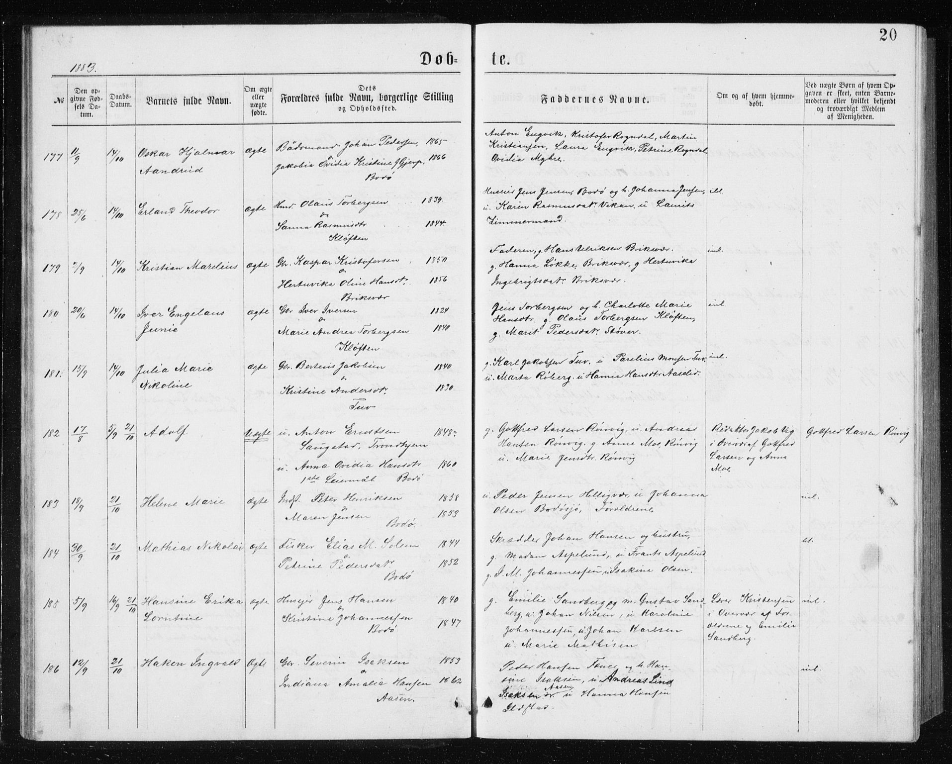 Ministerialprotokoller, klokkerbøker og fødselsregistre - Nordland, AV/SAT-A-1459/801/L0031: Klokkerbok nr. 801C06, 1883-1887, s. 20