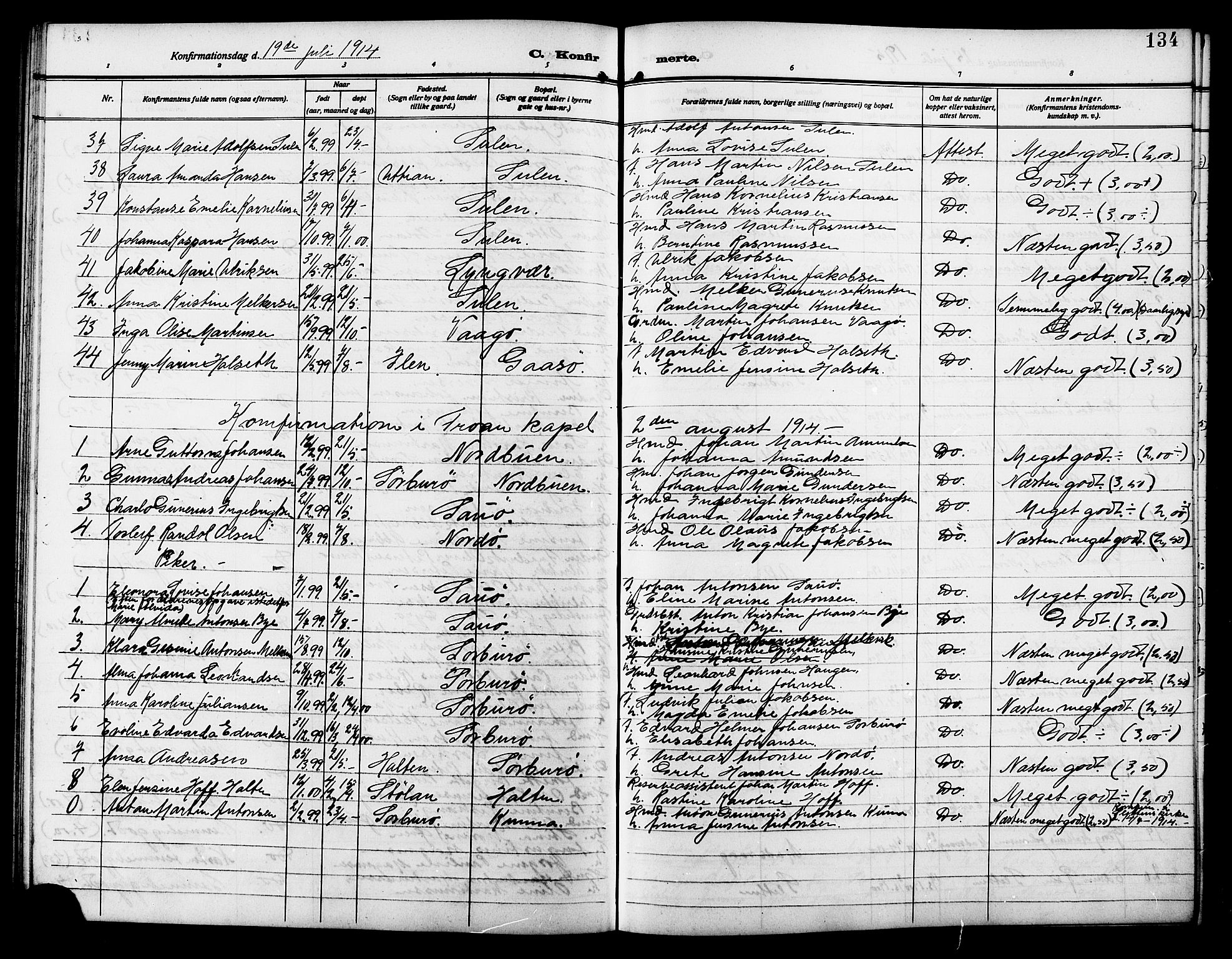 Ministerialprotokoller, klokkerbøker og fødselsregistre - Sør-Trøndelag, AV/SAT-A-1456/640/L0588: Klokkerbok nr. 640C05, 1909-1922, s. 134