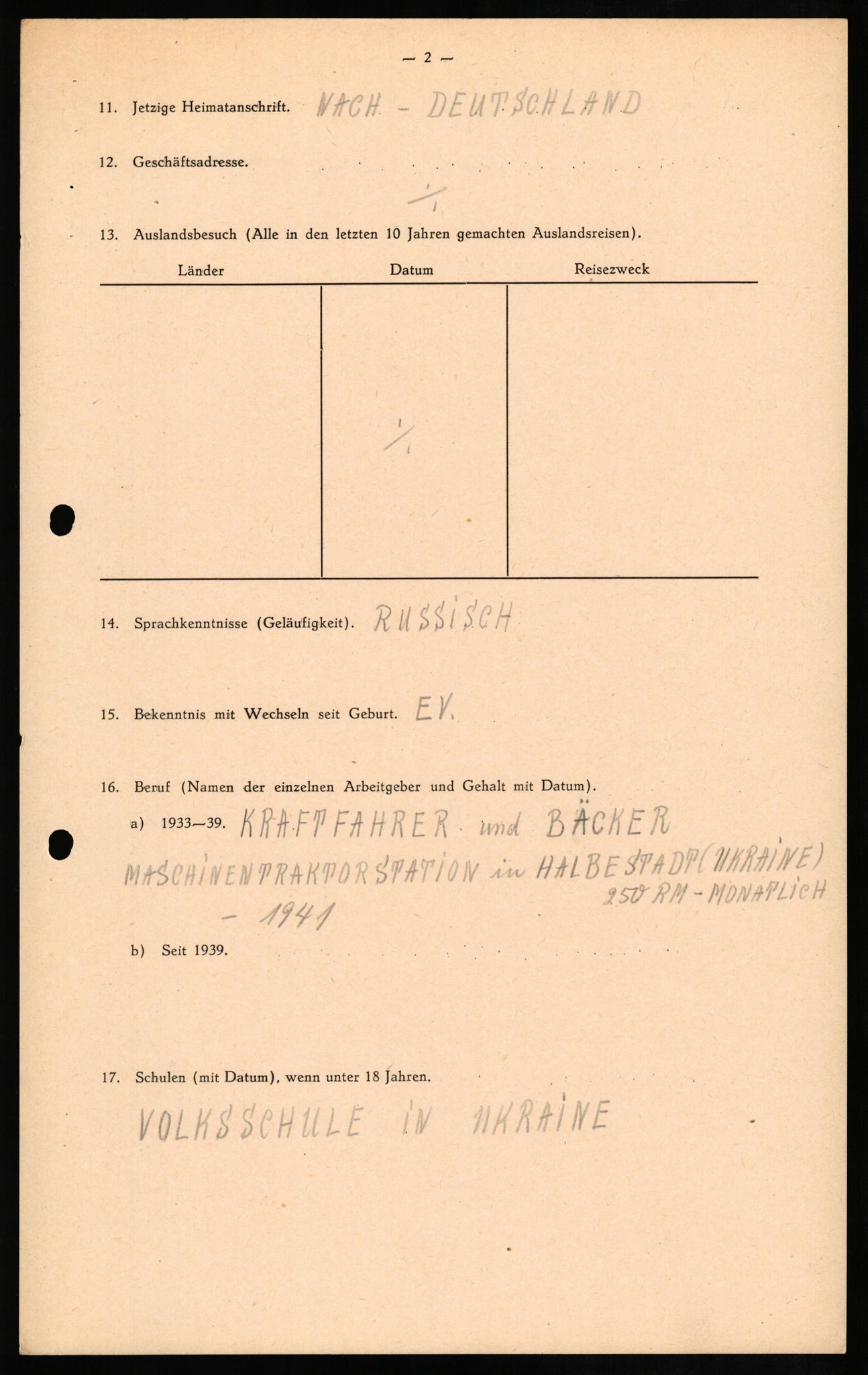 Forsvaret, Forsvarets overkommando II, AV/RA-RAFA-3915/D/Db/L0012: CI Questionaires. Tyske okkupasjonsstyrker i Norge. Tyskere., 1945-1946, s. 15
