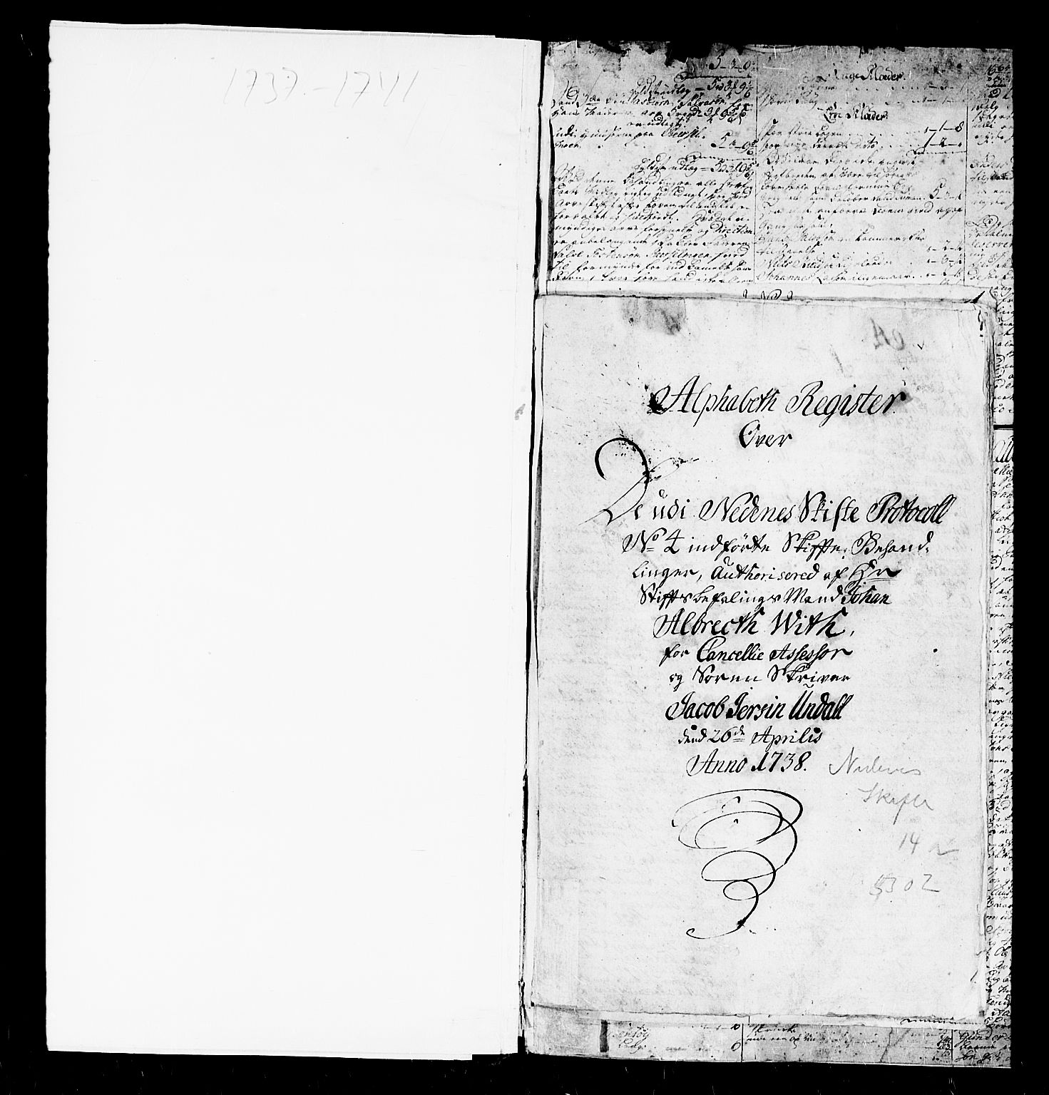 Nedenes sorenskriveri før 1824, SAK/1221-0007/H/Hc/L0019: Skifteprotokoll med register nr 14a, 1737-1741