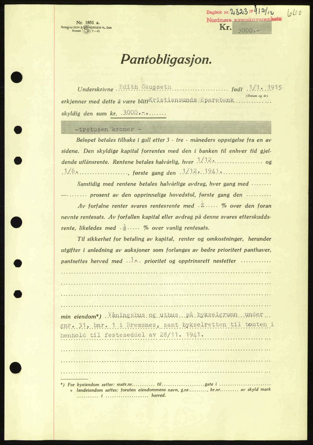 Nordmøre sorenskriveri, SAT/A-4132/1/2/2Ca: Pantebok nr. B88, 1941-1942, Dagboknr: 2323/1941