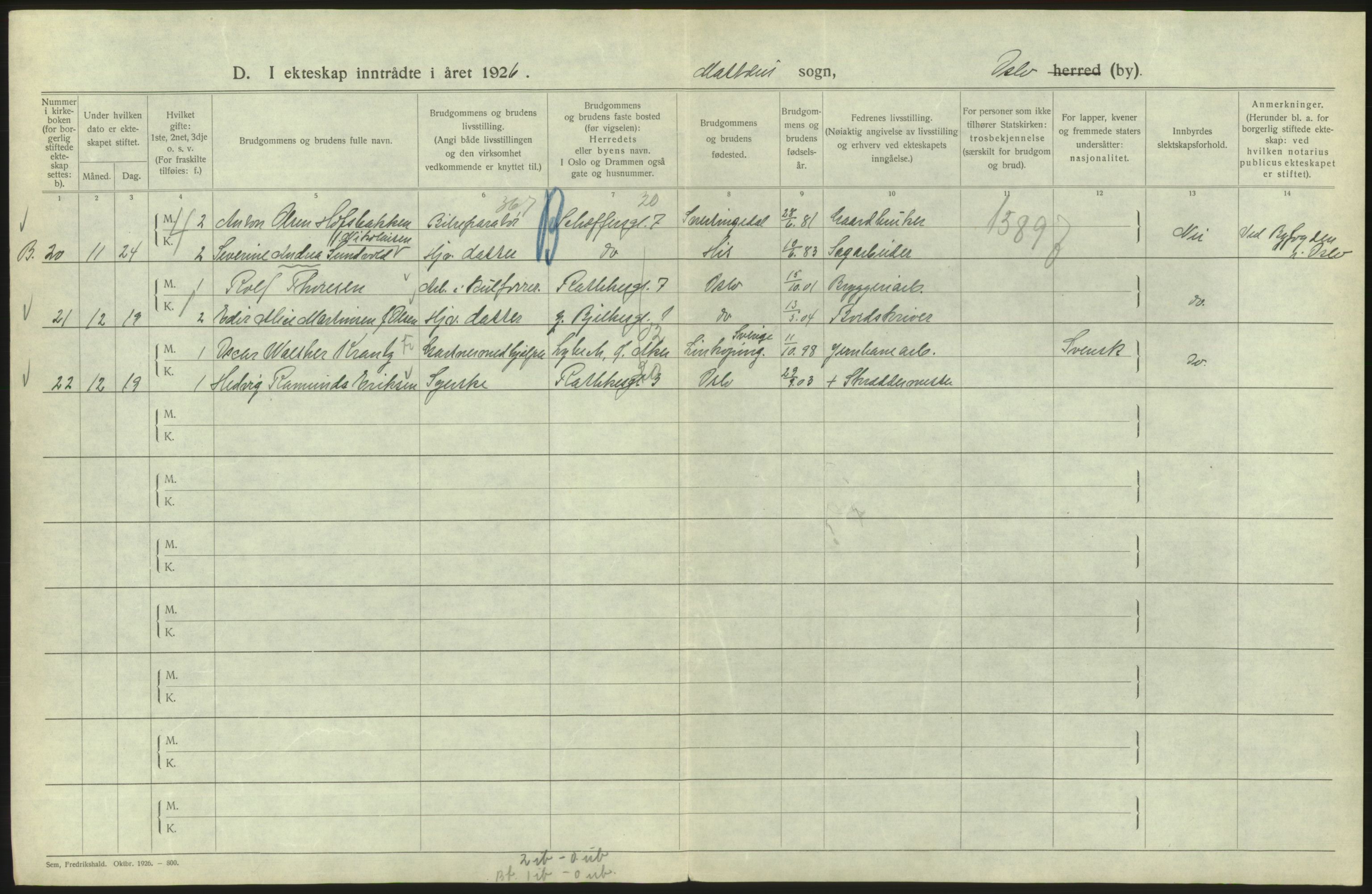 Statistisk sentralbyrå, Sosiodemografiske emner, Befolkning, AV/RA-S-2228/D/Df/Dfc/Dfcf/L0008: Oslo: Gifte, 1926, s. 814