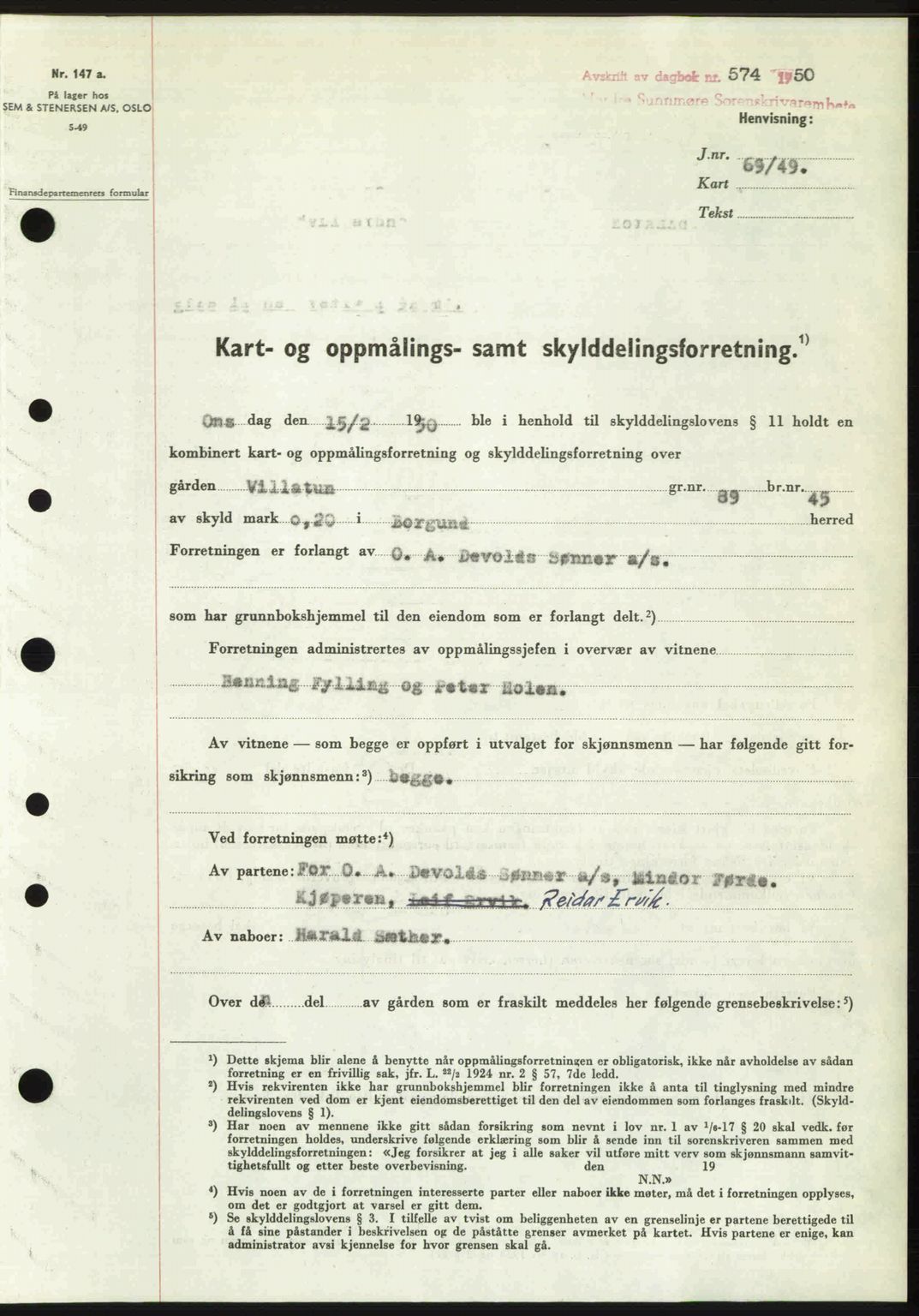 Nordre Sunnmøre sorenskriveri, AV/SAT-A-0006/1/2/2C/2Ca: Pantebok nr. A34, 1950-1950, Dagboknr: 574/1950