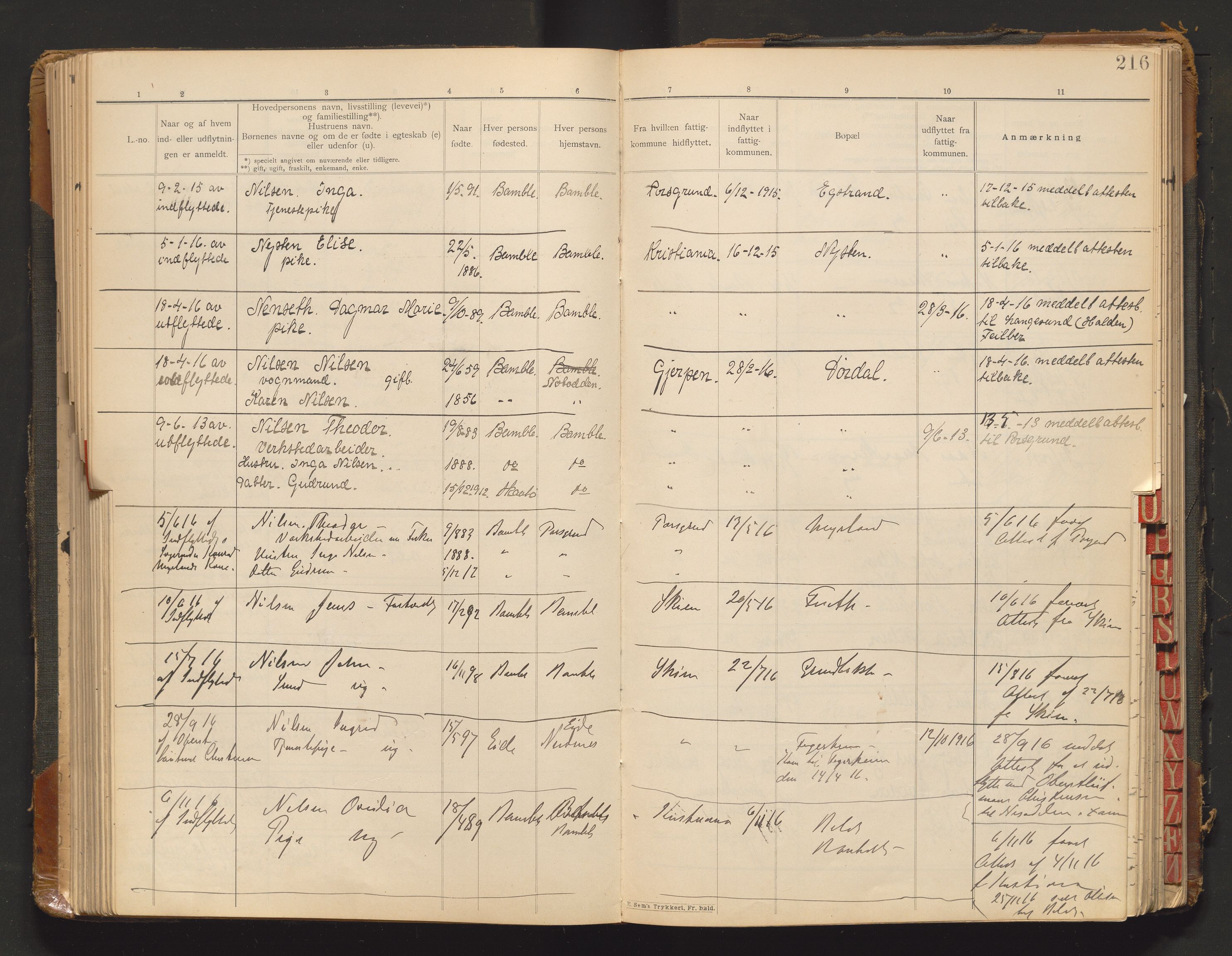Bamble lensmannskontor, AV/SAKO-A-552/O/Oa/L0001: Protokoll over inn- og utflyttede - Bamble, 1901-1933, s. 216