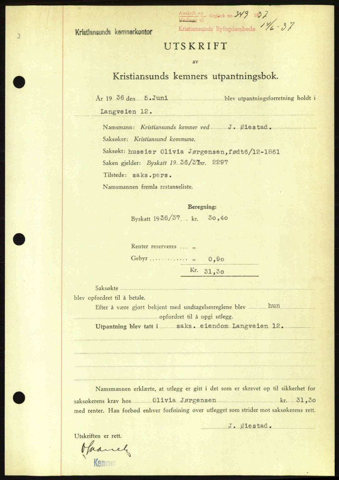 Kristiansund byfogd, SAT/A-4587/A/27: Pantebok nr. 29, 1936-1937, Dagboknr: 349/1937
