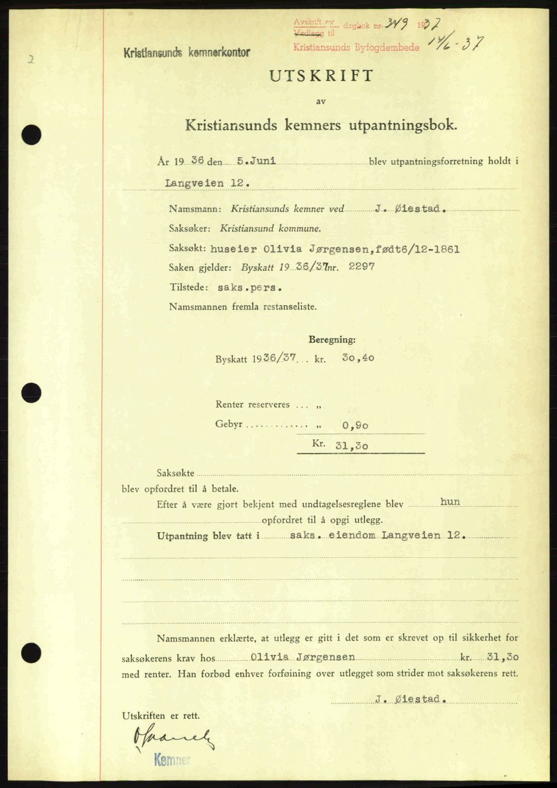 Kristiansund byfogd, AV/SAT-A-4587/A/27: Pantebok nr. 29, 1936-1937, Dagboknr: 349/1937