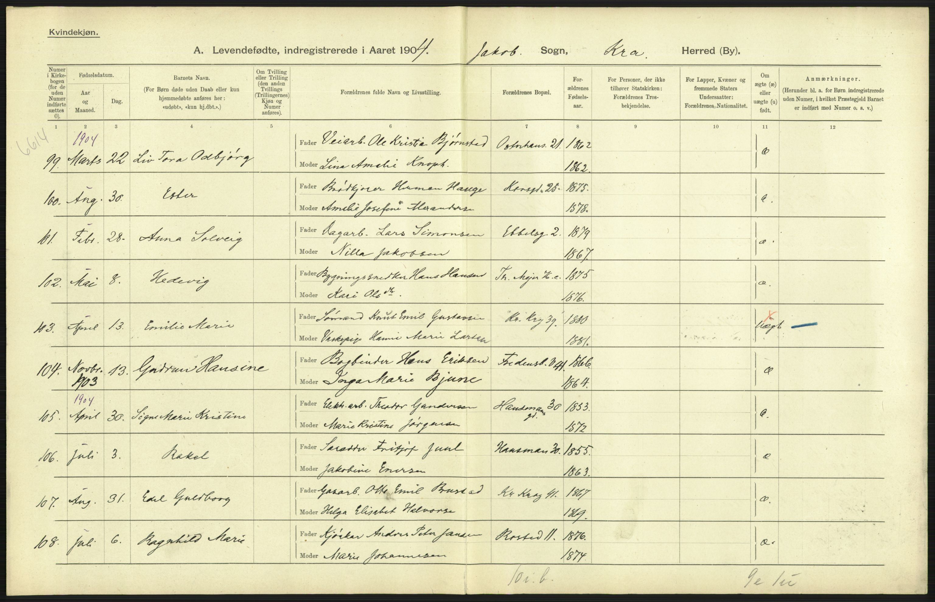 Statistisk sentralbyrå, Sosiodemografiske emner, Befolkning, AV/RA-S-2228/D/Df/Dfa/Dfab/L0003: Kristiania: Fødte, 1904, s. 29