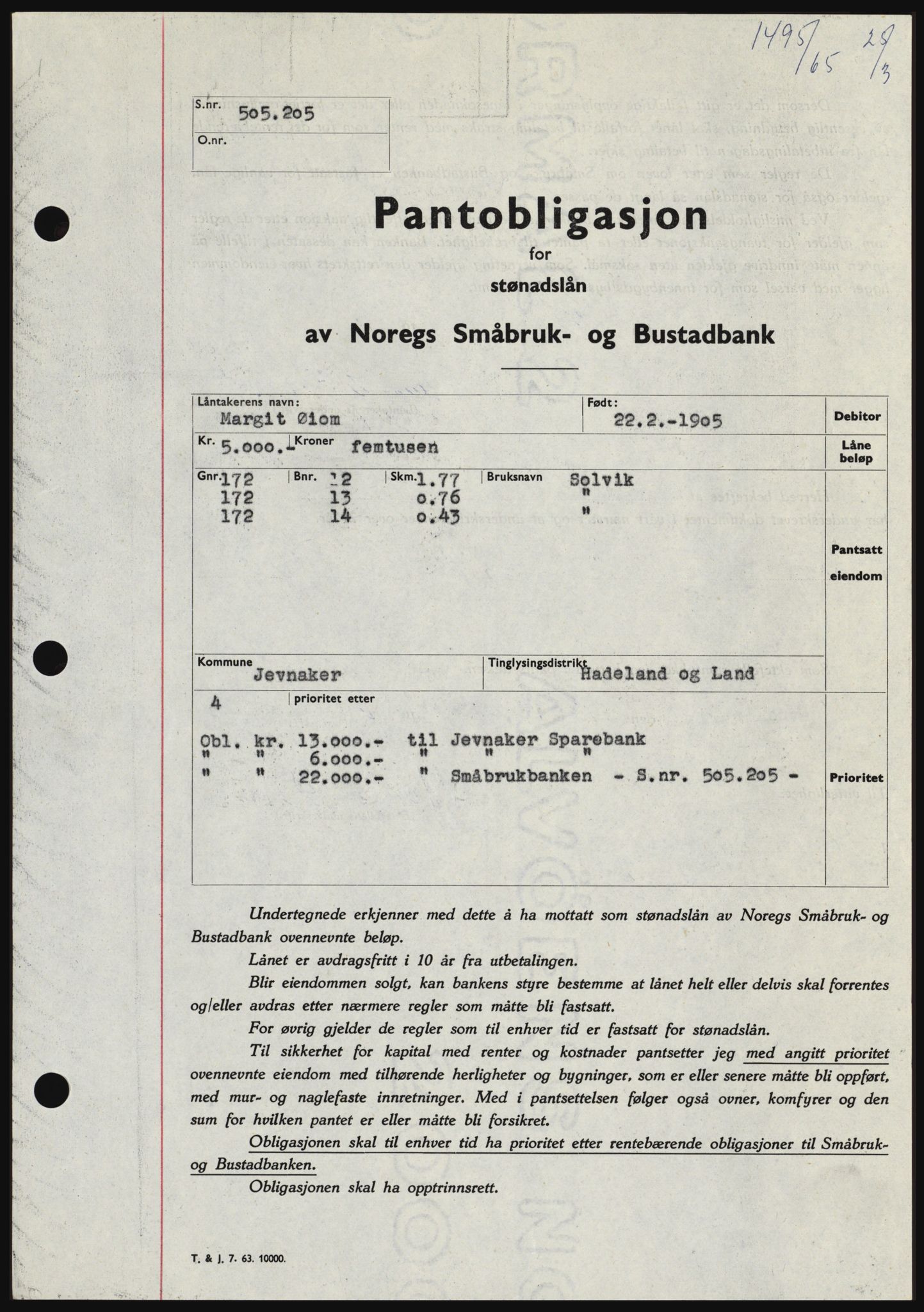 Hadeland og Land tingrett, SAH/TING-010/H/Hb/Hbc/L0058: Pantebok nr. B58, 1965-1965, Dagboknr: 1495/1965