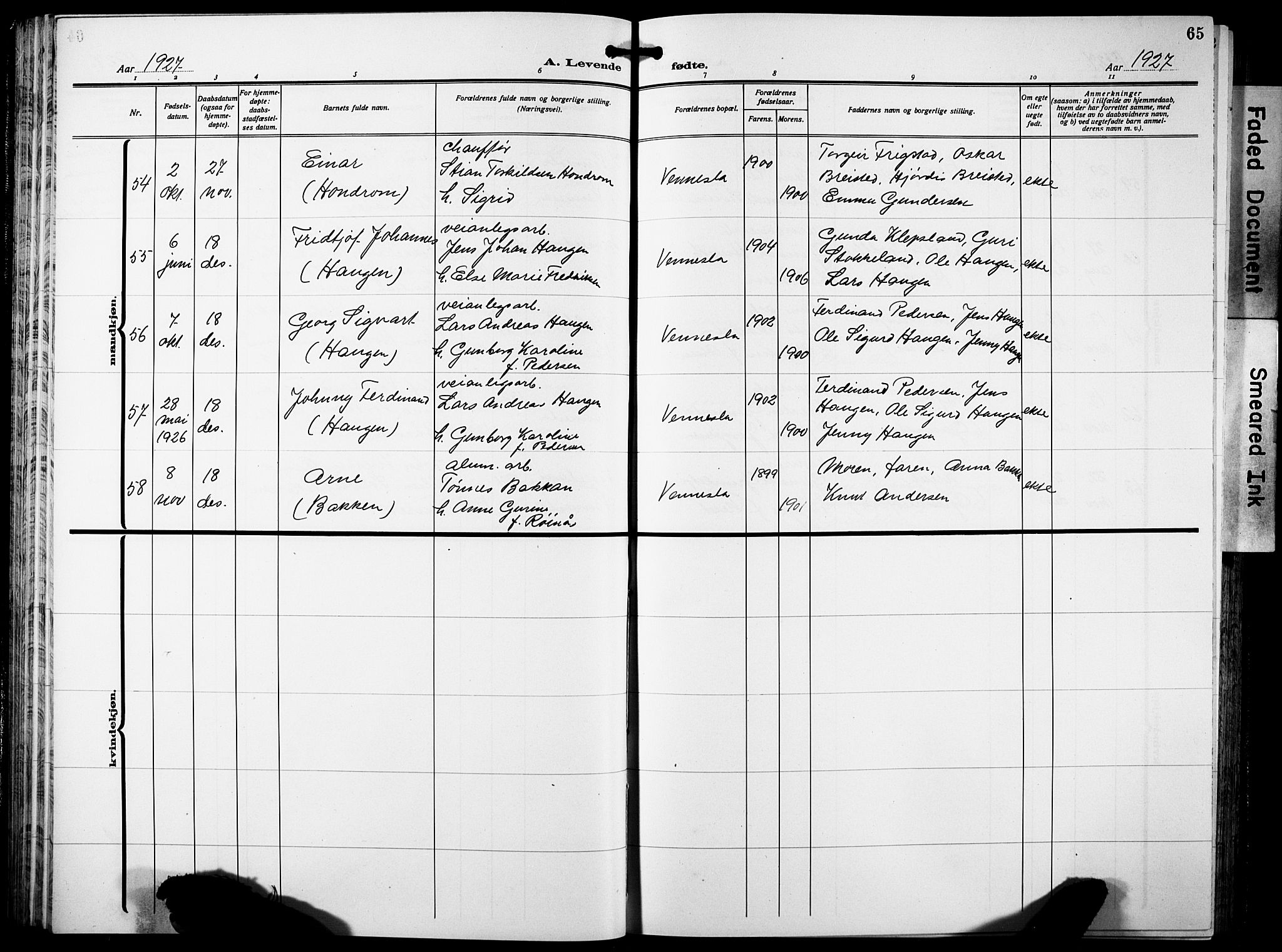 Vennesla sokneprestkontor, AV/SAK-1111-0045/Fb/Fbb/L0007: Klokkerbok nr. B 7, 1922-1933, s. 65
