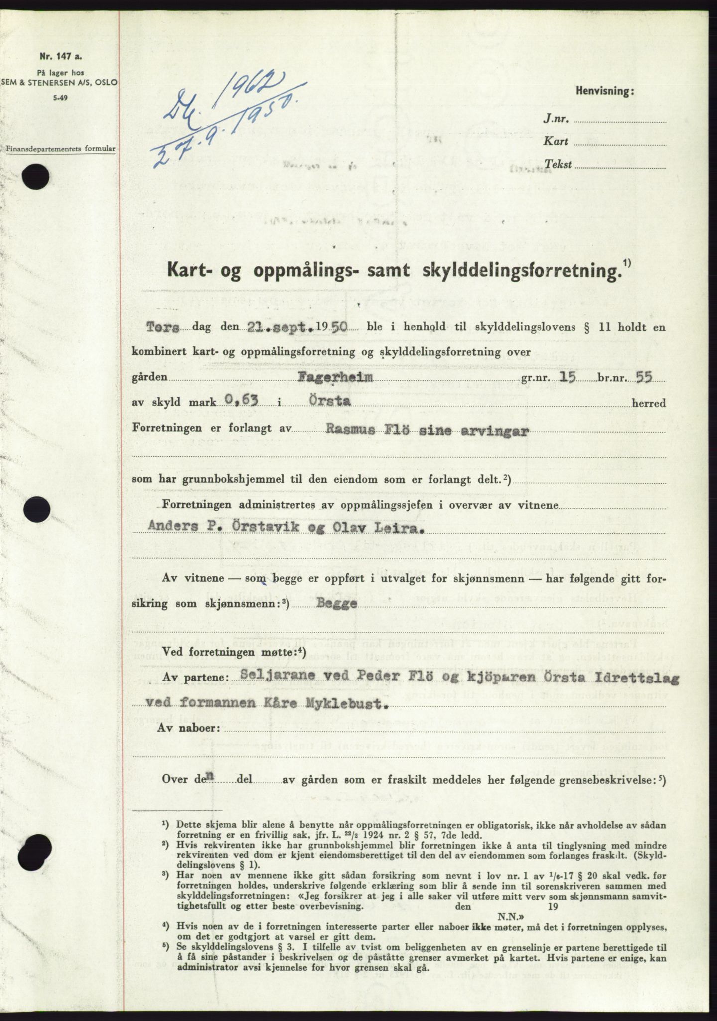 Søre Sunnmøre sorenskriveri, SAT/A-4122/1/2/2C/L0087: Pantebok nr. 13A, 1950-1950, Dagboknr: 1962/1950