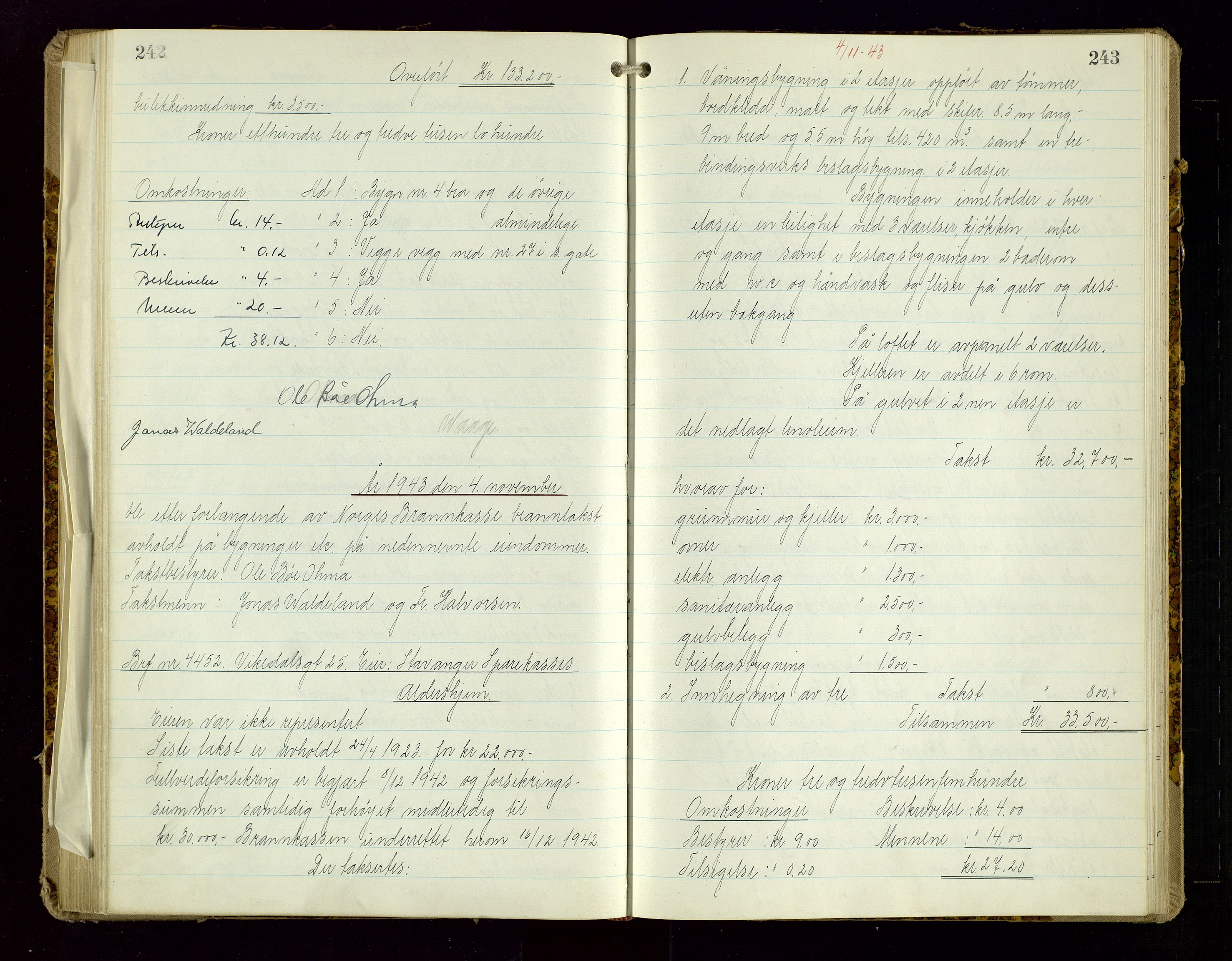 Norges Brannkasse Stavanger, SAST/A-102143/F/Fd/L0029: Branntaksprotokoll nr. 40, 1943-1944, s. 242-243