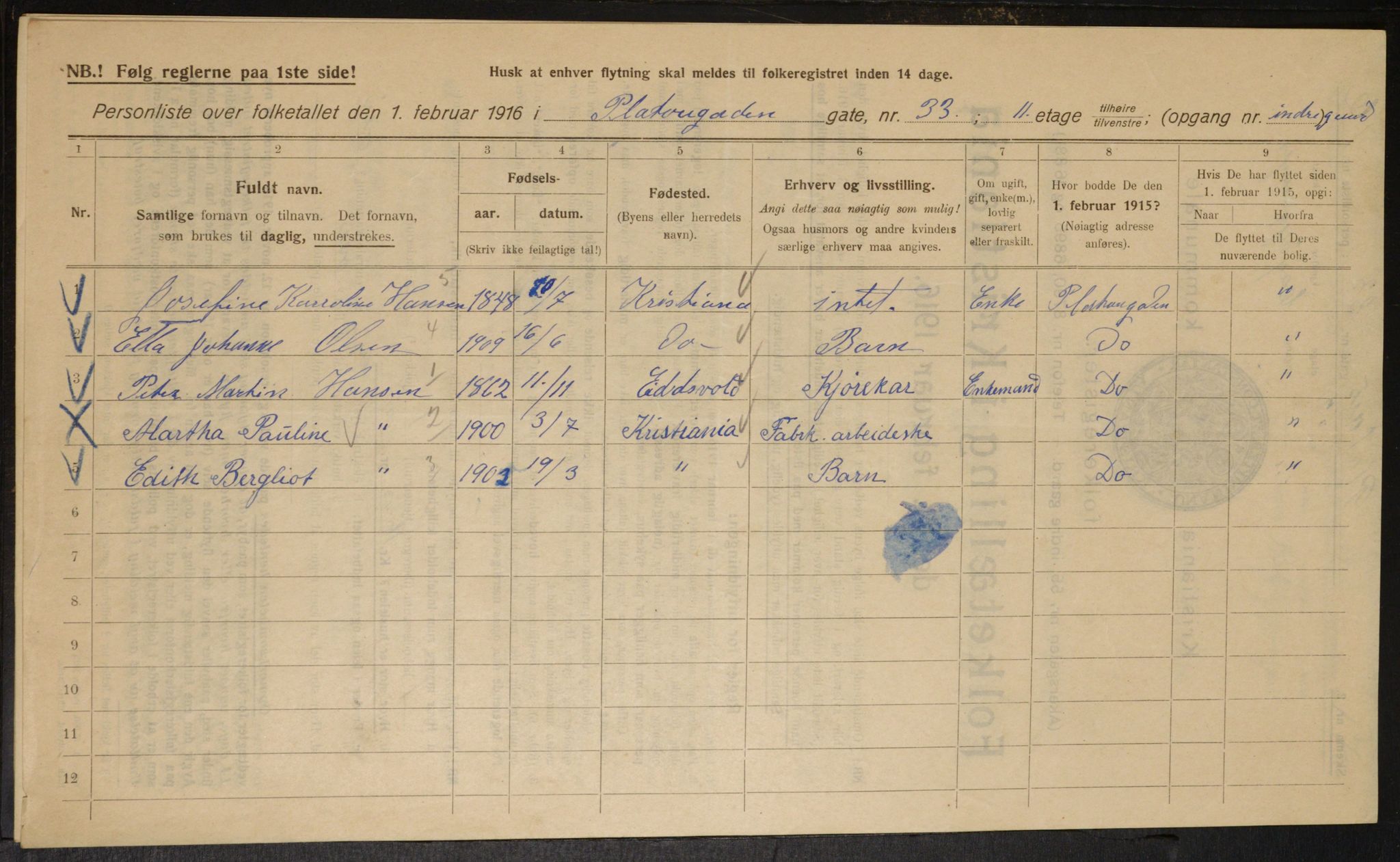 OBA, Kommunal folketelling 1.2.1916 for Kristiania, 1916, s. 82804