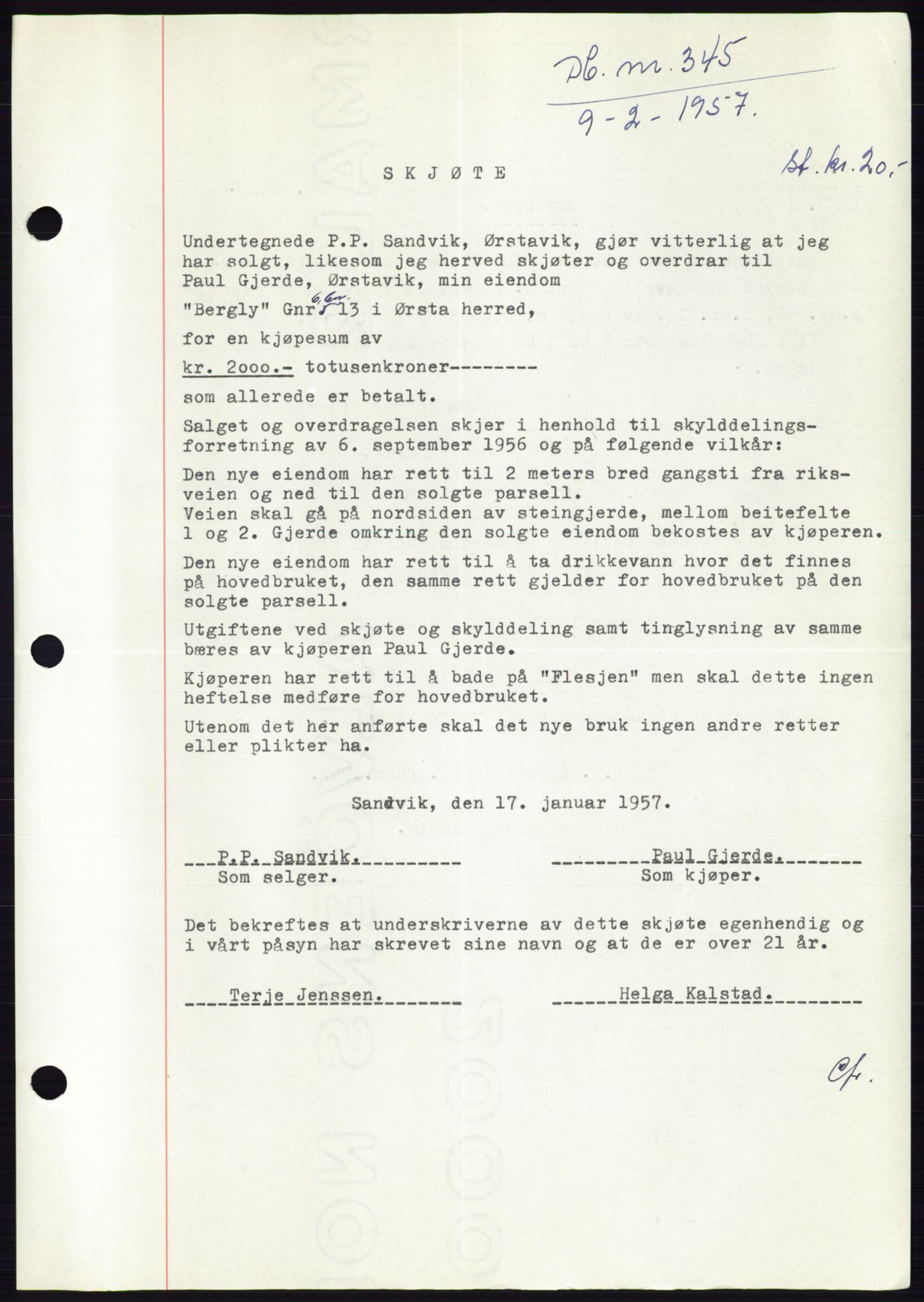 Søre Sunnmøre sorenskriveri, SAT/A-4122/1/2/2C/L0105: Pantebok nr. 31A, 1956-1957, Dagboknr: 345/1957