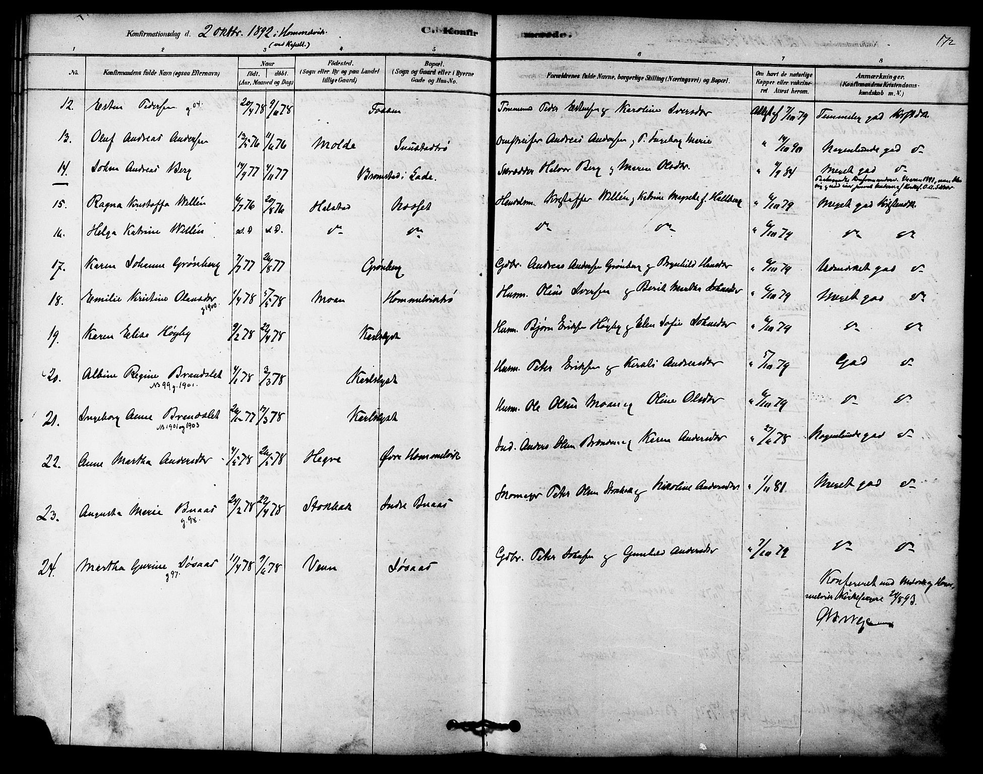 Ministerialprotokoller, klokkerbøker og fødselsregistre - Sør-Trøndelag, SAT/A-1456/616/L0410: Ministerialbok nr. 616A07, 1878-1893, s. 172