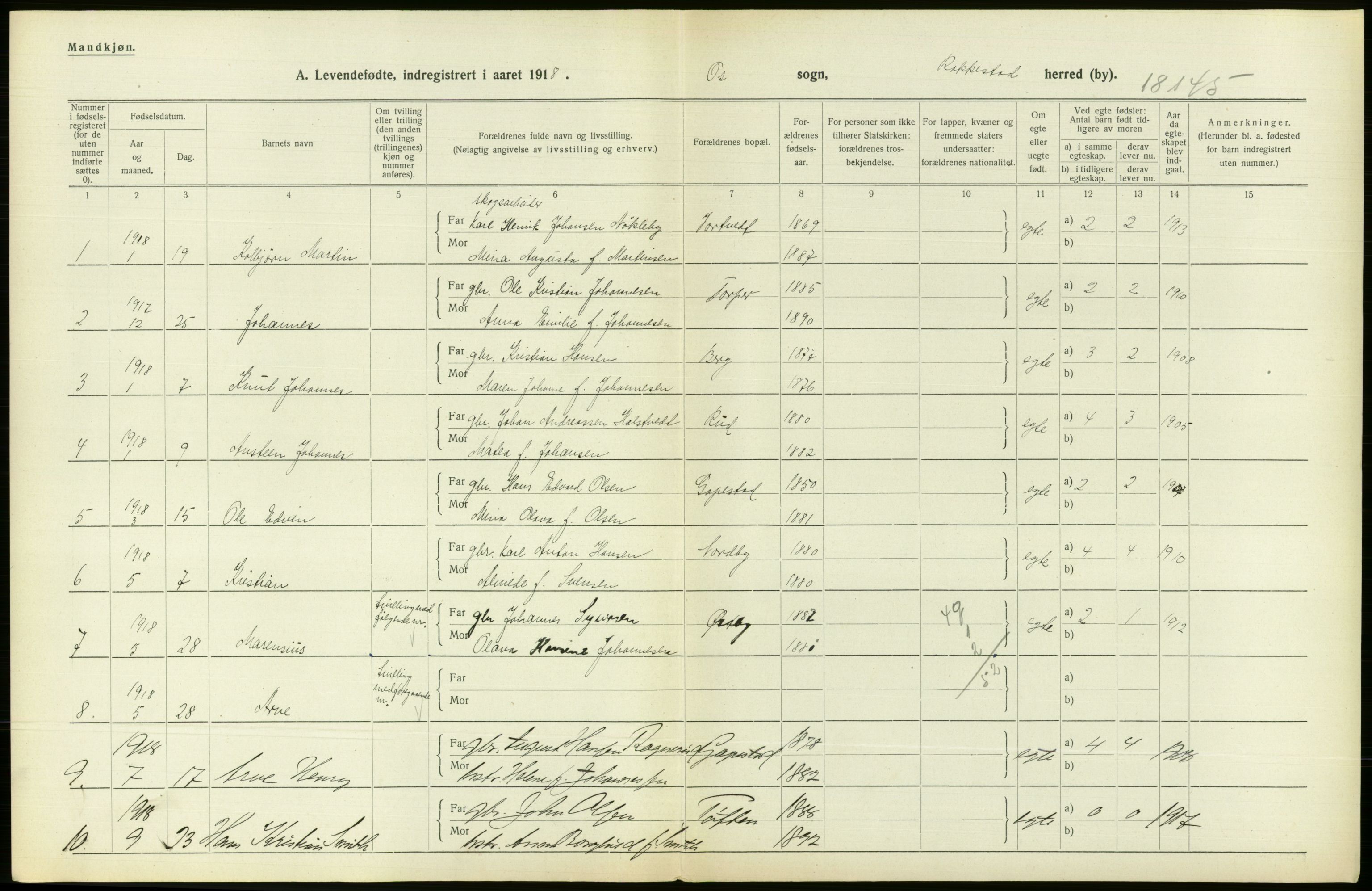 Statistisk sentralbyrå, Sosiodemografiske emner, Befolkning, RA/S-2228/D/Df/Dfb/Dfbh/L0001: Østfold fylke: Levendefødte menn og kvinner. Bygder., 1918, s. 202