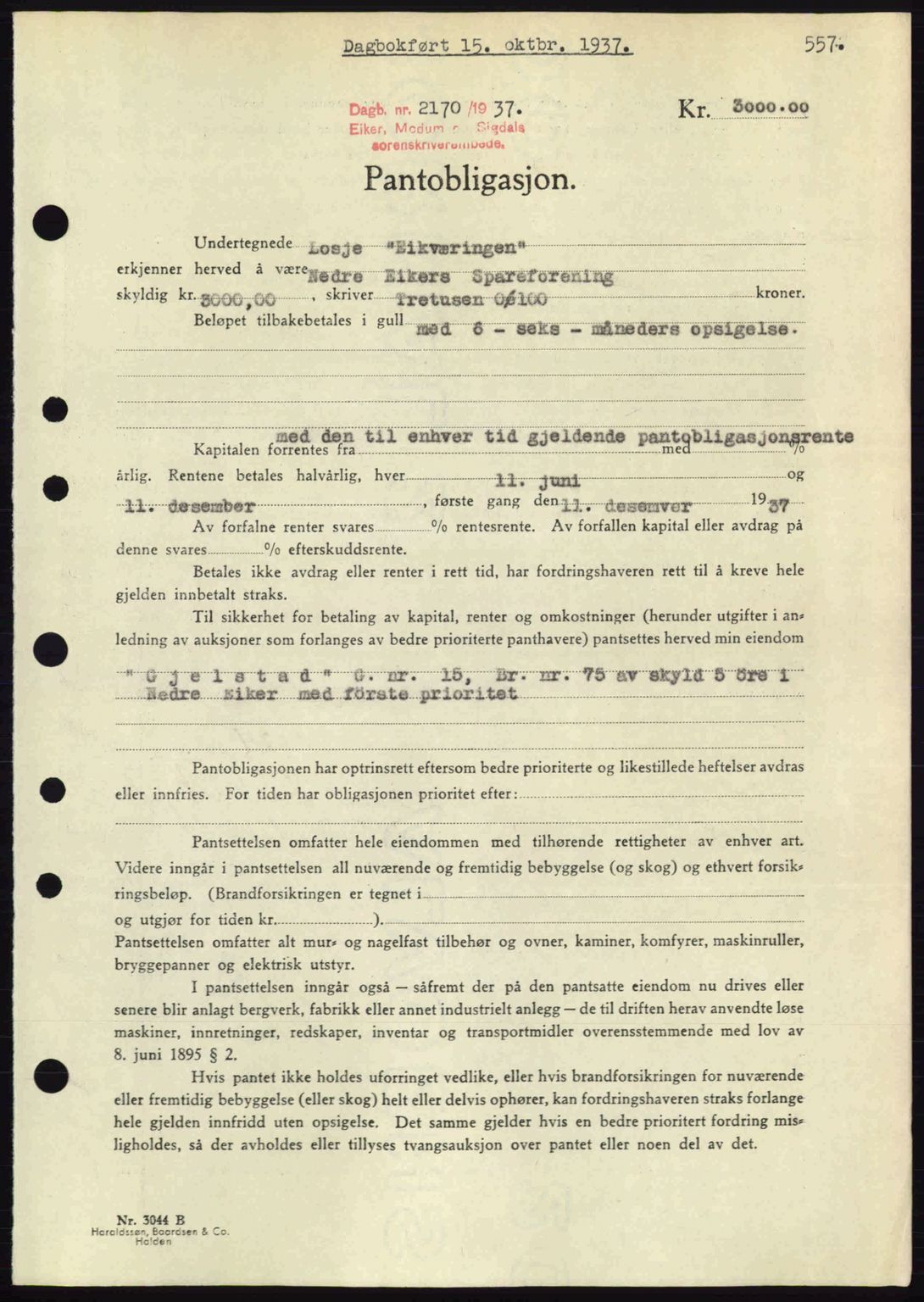 Eiker, Modum og Sigdal sorenskriveri, SAKO/A-123/G/Ga/Gab/L0036: Pantebok nr. A6, 1937-1937, Dagboknr: 2170/1937