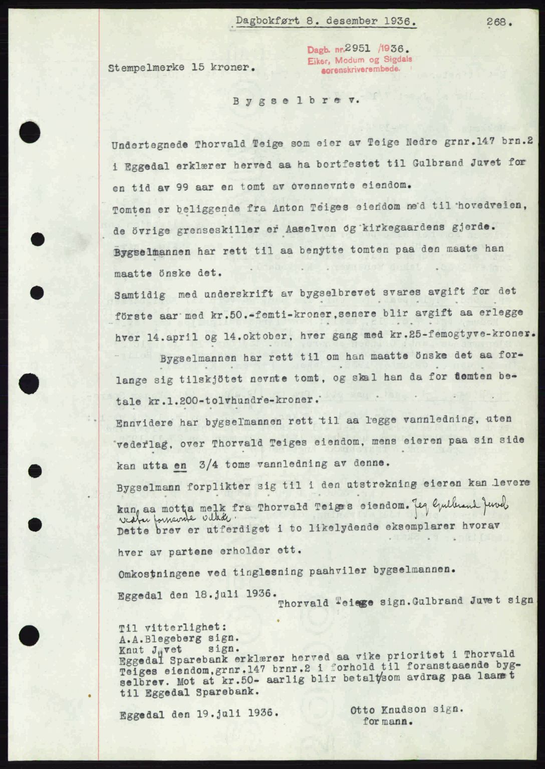 Eiker, Modum og Sigdal sorenskriveri, SAKO/A-123/G/Ga/Gab/L0034: Pantebok nr. A4, 1936-1937, Dagboknr: 2951/1936