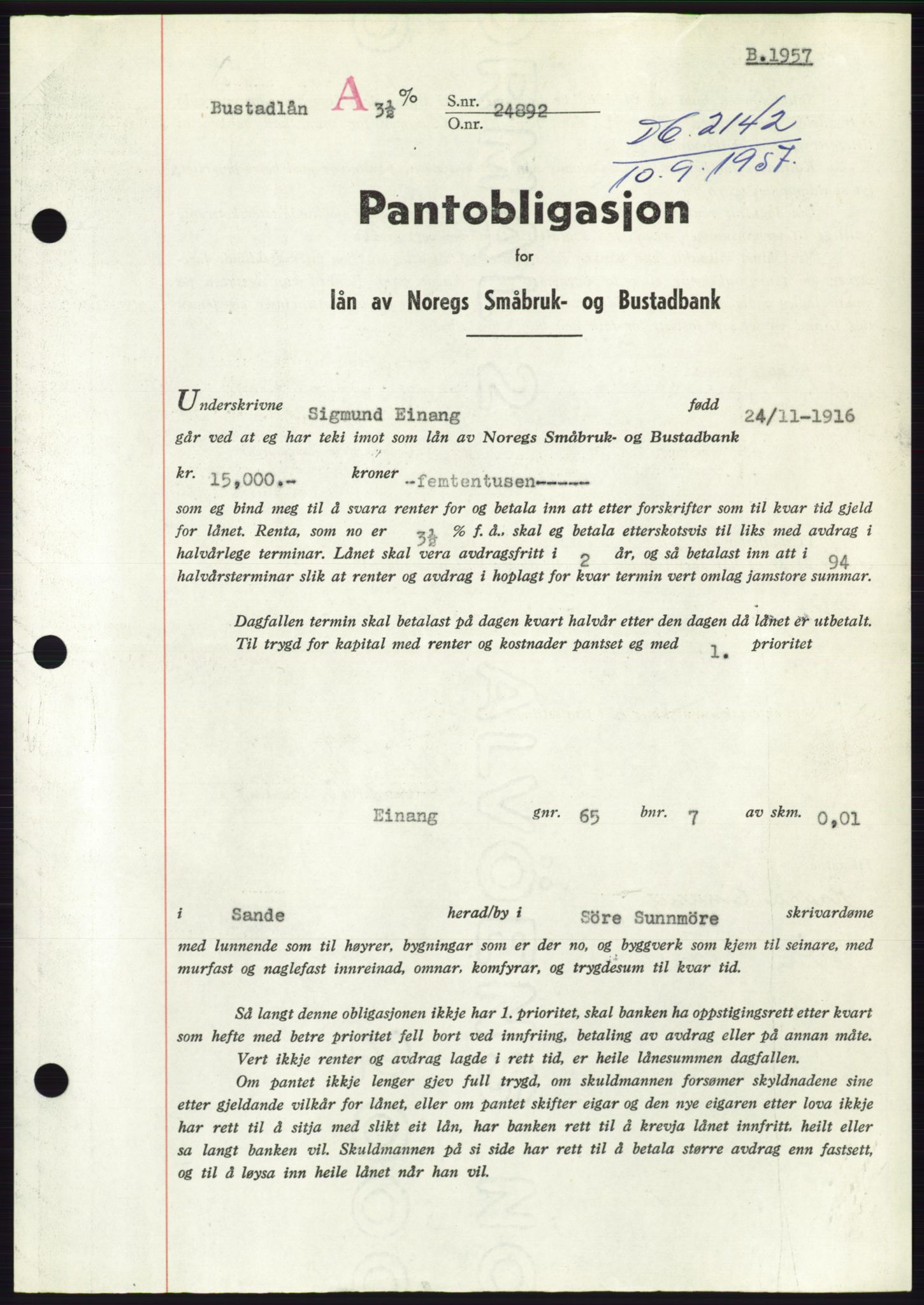 Søre Sunnmøre sorenskriveri, AV/SAT-A-4122/1/2/2C/L0130: Pantebok nr. 18B, 1957-1958, Dagboknr: 2142/1957