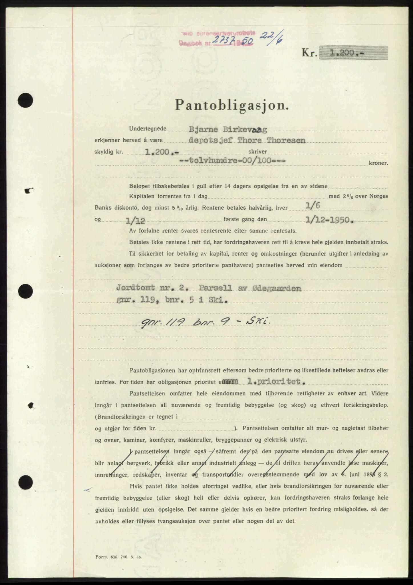 Follo sorenskriveri, SAO/A-10274/G/Ga/Gaa/L0092: Pantebok nr. I 92, 1950-1950, Dagboknr: 2737/1950