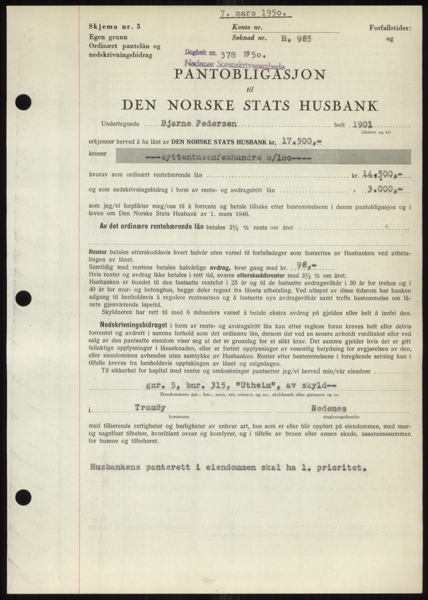 Nedenes sorenskriveri, AV/SAK-1221-0006/G/Gb/Gbb/L0007: Pantebok nr. B7, 1949-1950, Dagboknr: 378/1950