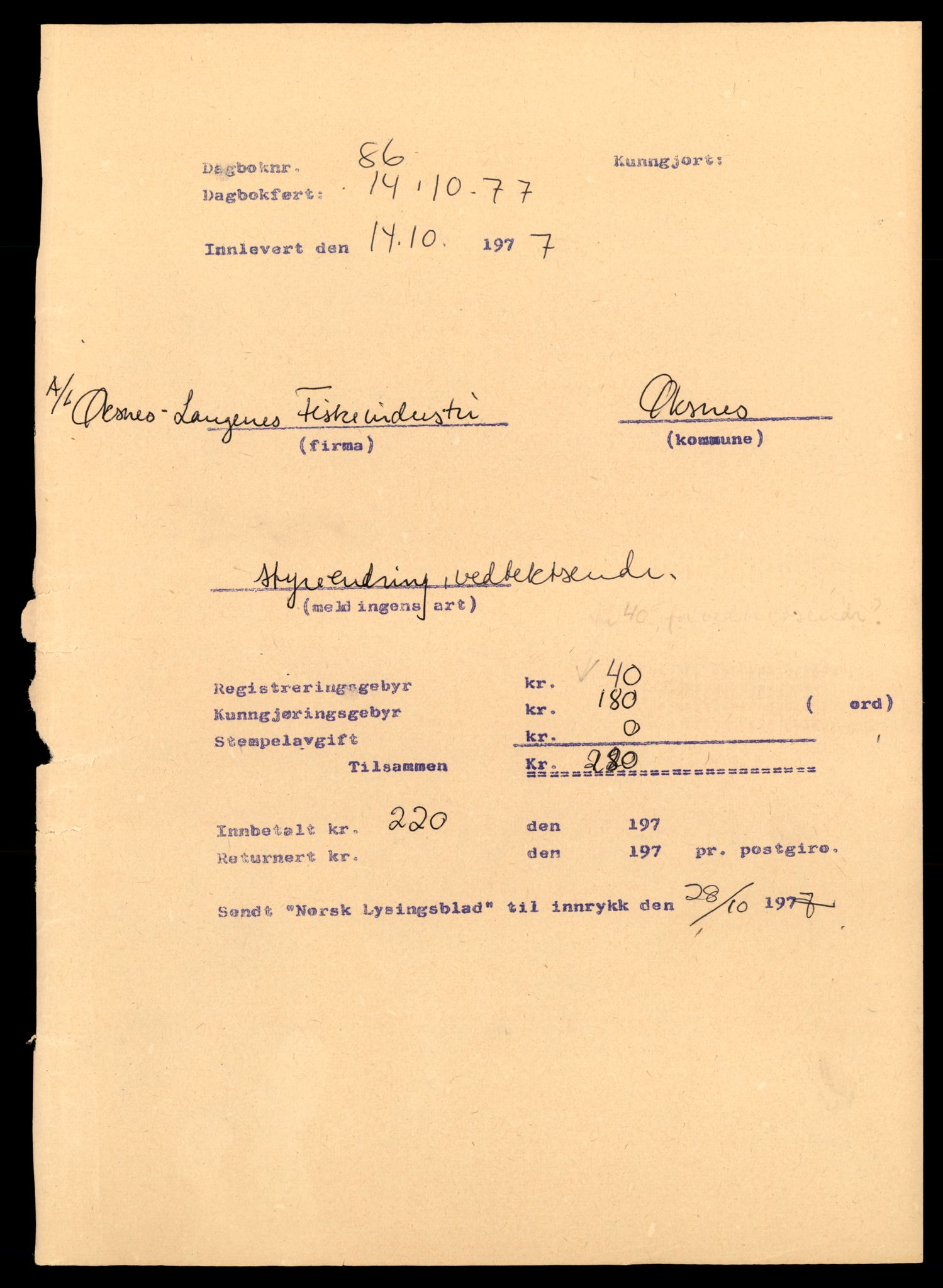 Vesterålen sorenskriveri, SAT/A-4180/4/J/Jd/Jde/L0027: Bilag. Andelslag, Ø, 1944-1990, s. 1