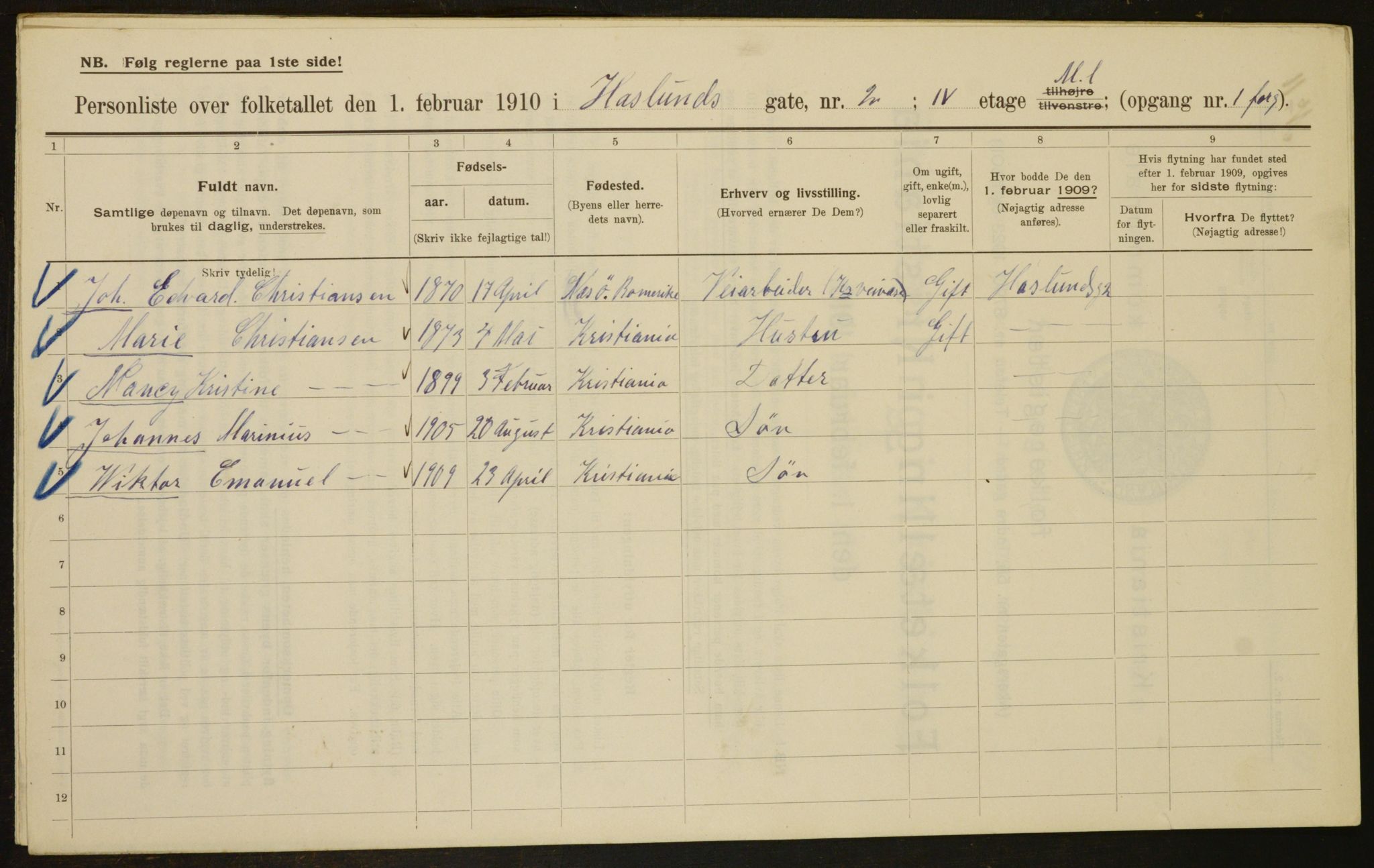 OBA, Kommunal folketelling 1.2.1910 for Kristiania, 1910, s. 33107