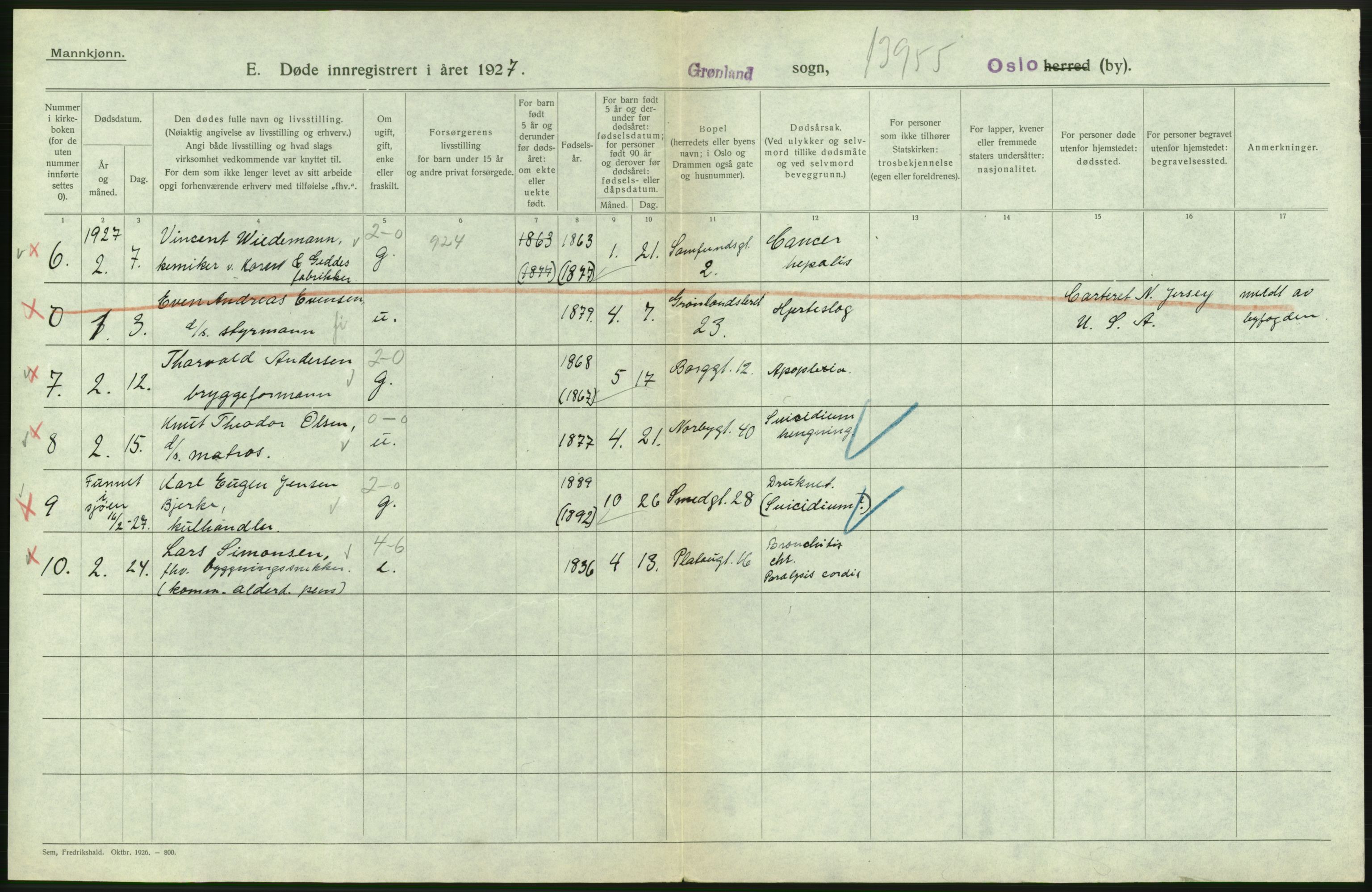 Statistisk sentralbyrå, Sosiodemografiske emner, Befolkning, AV/RA-S-2228/D/Df/Dfc/Dfcg/L0009: Oslo: Døde menn, 1927, s. 418
