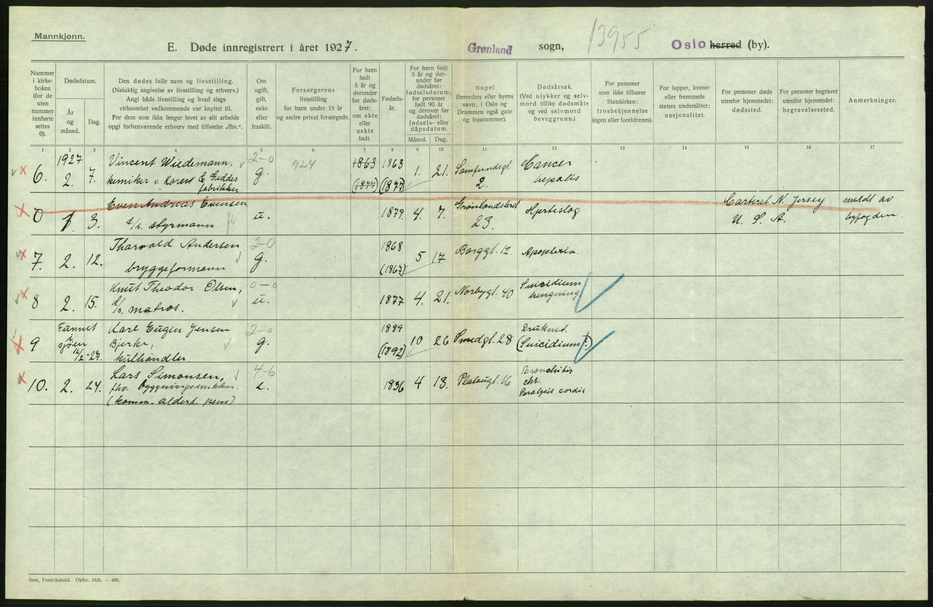 Statistisk sentralbyrå, Sosiodemografiske emner, Befolkning, RA/S-2228/D/Df/Dfc/Dfcg/L0009: Oslo: Døde menn, 1927, s. 418