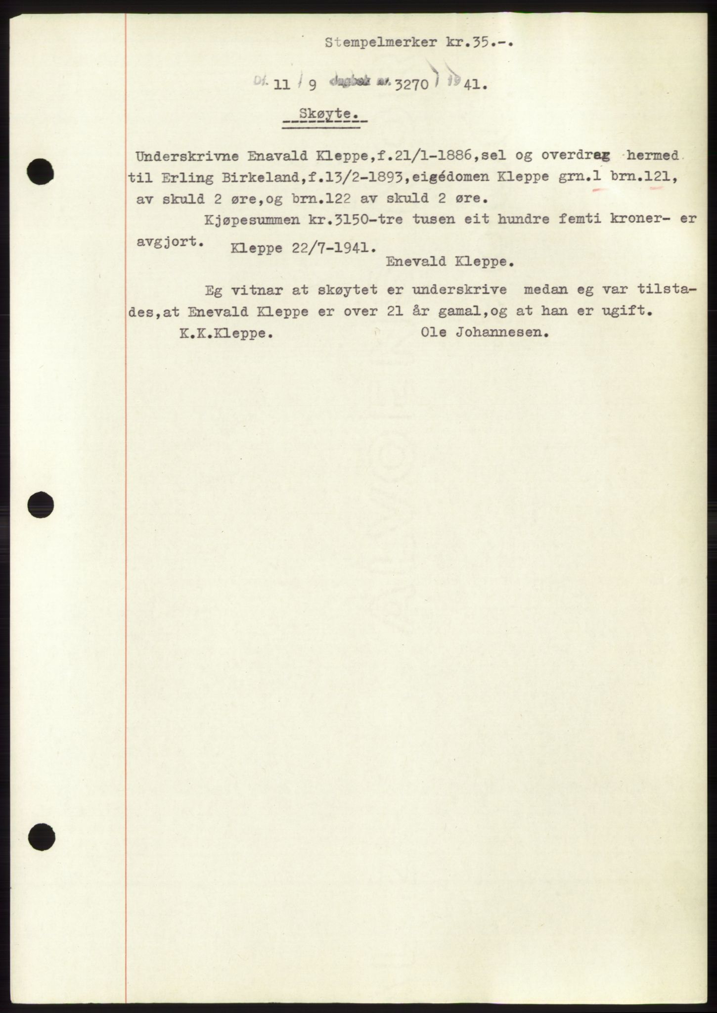 Jæren sorenskriveri, SAST/A-100310/03/G/Gba/L0081: Pantebok, 1941-1941, Dagboknr: 3270/1941