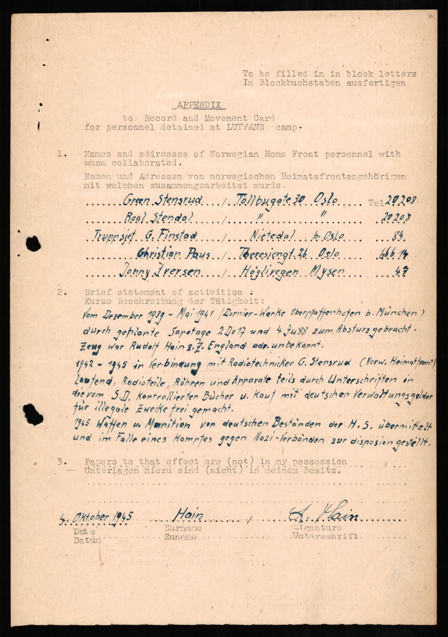 Forsvaret, Forsvarets overkommando II, RA/RAFA-3915/D/Db/L0011: CI Questionaires. Tyske okkupasjonsstyrker i Norge. Tyskere., 1945-1946, s. 322