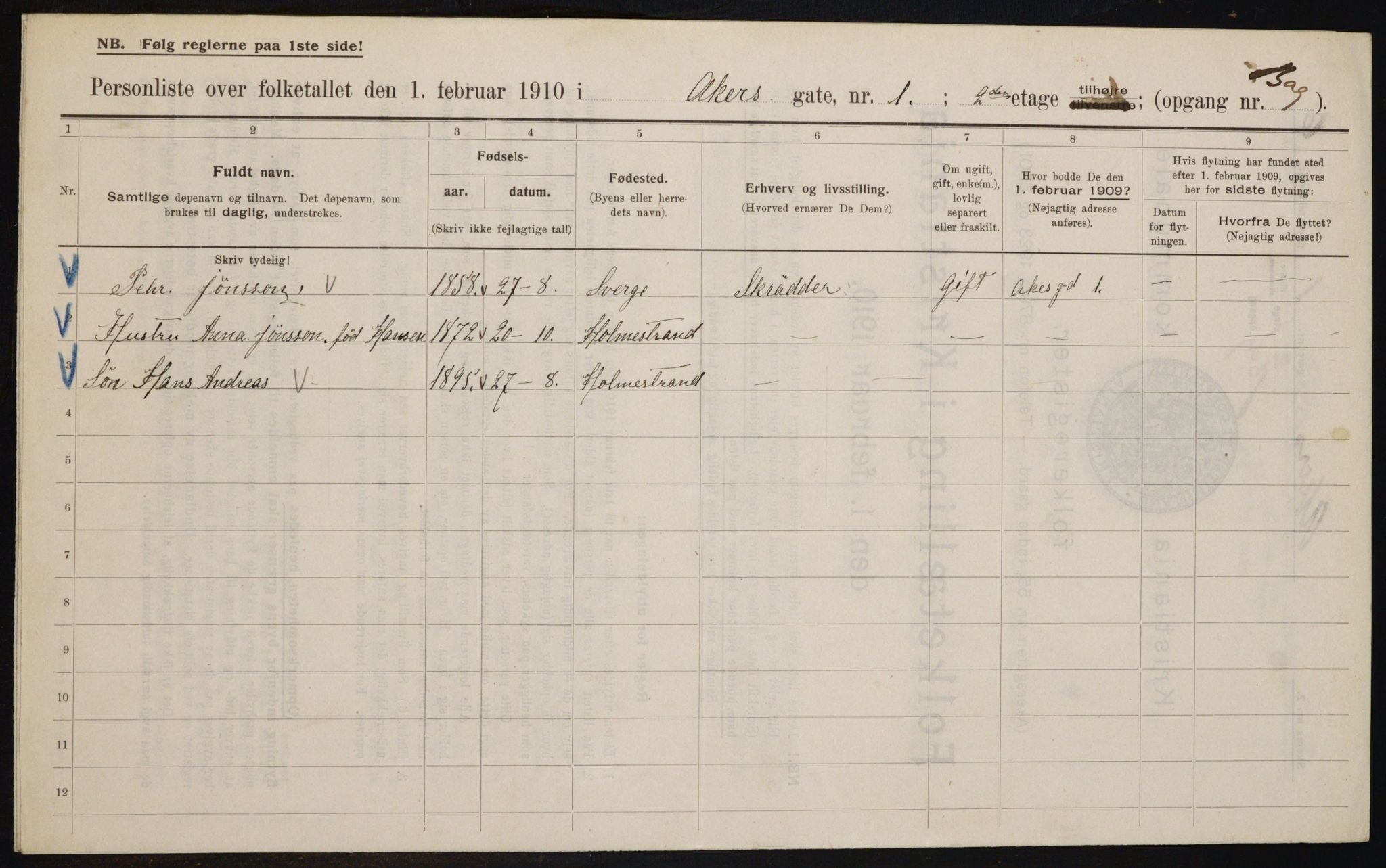 OBA, Kommunal folketelling 1.2.1910 for Kristiania, 1910, s. 307