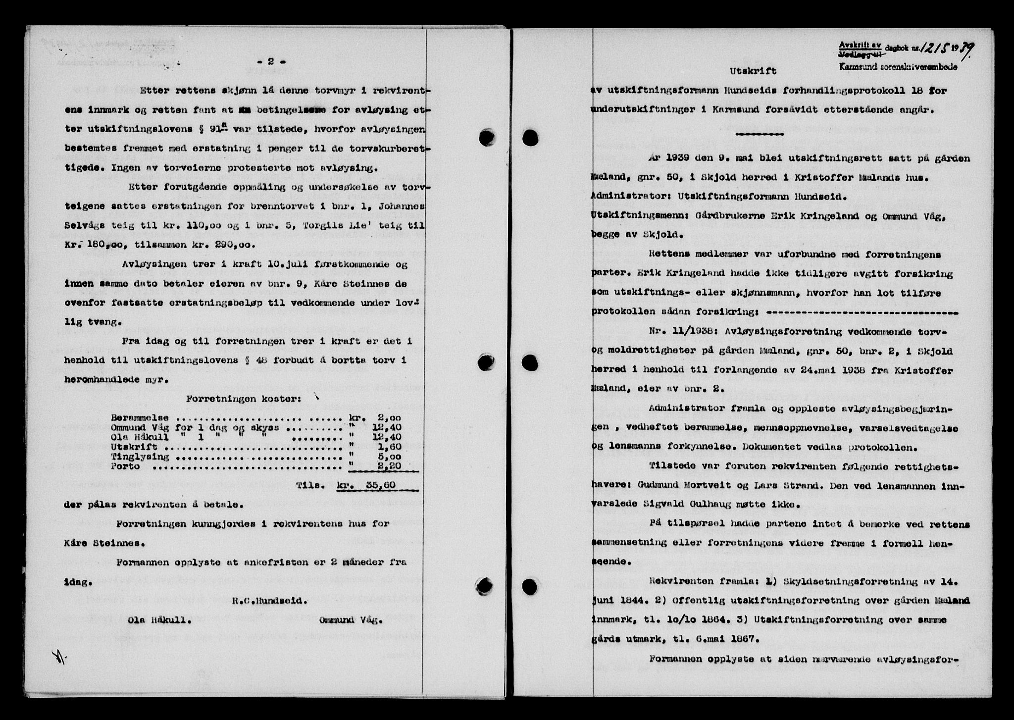 Karmsund sorenskriveri, SAST/A-100311/01/II/IIB/L0071: Pantebok nr. 52A, 1939-1939, Dagboknr: 1215/1939