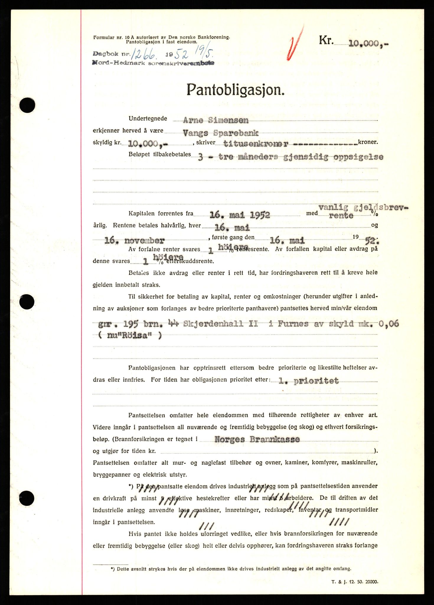 Nord-Hedmark sorenskriveri, SAH/TING-012/H/Hb/Hbf/L0025: Pantebok nr. B25, 1952-1952, Dagboknr: 1266/1952
