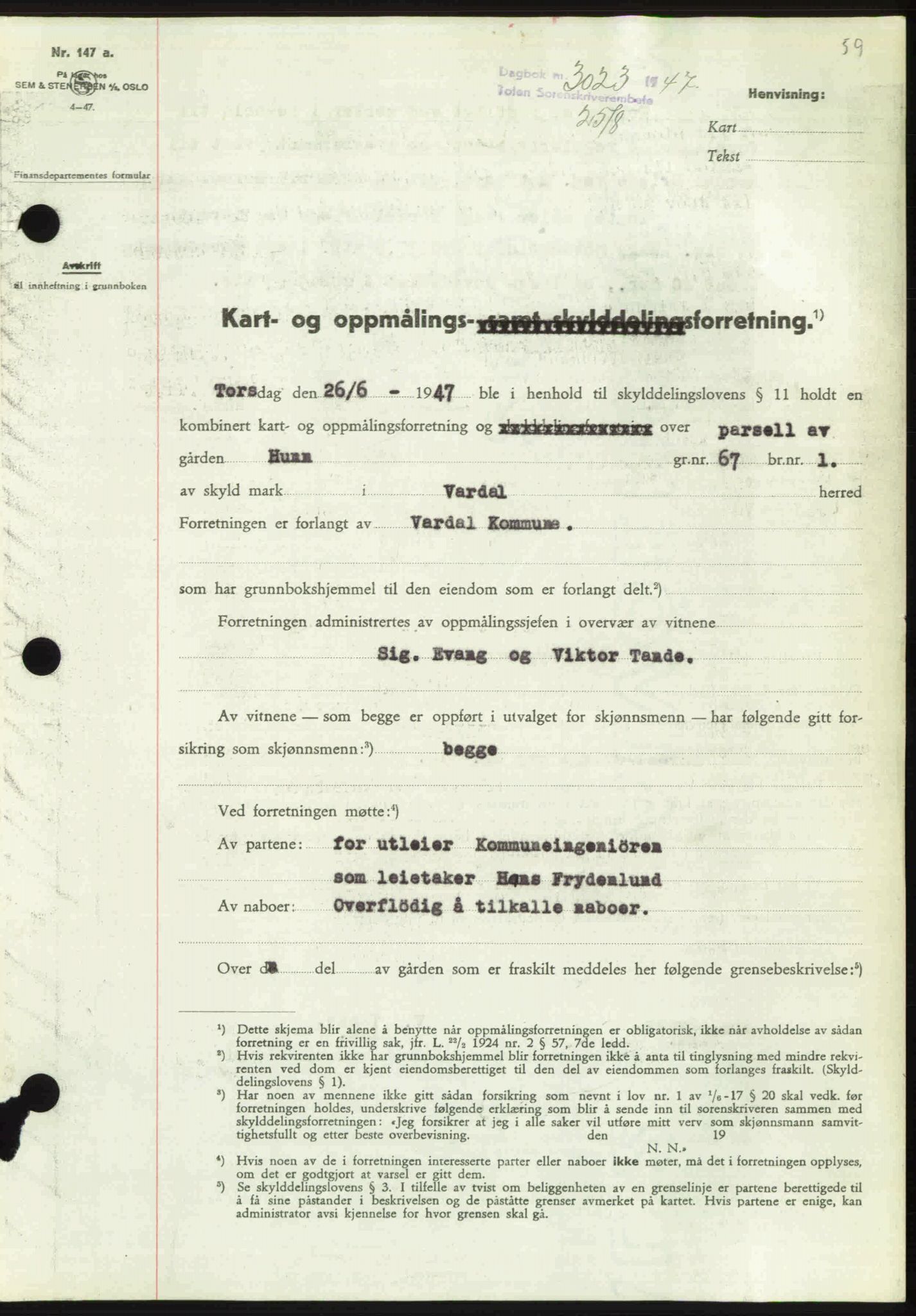 Toten tingrett, AV/SAH-TING-006/H/Hb/Hbc/L0018: Pantebok nr. Hbc-18, 1947-1947, Dagboknr: 3023/1947
