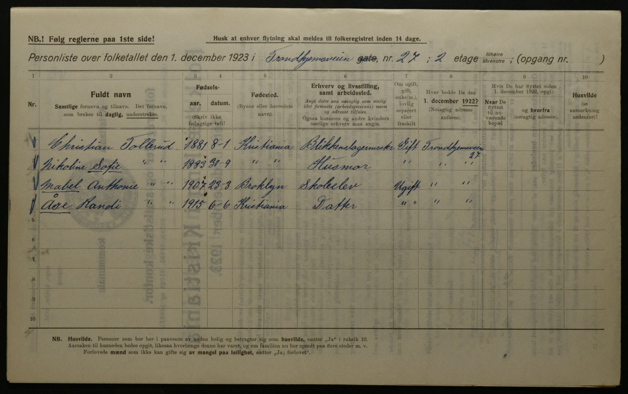 OBA, Kommunal folketelling 1.12.1923 for Kristiania, 1923, s. 128408