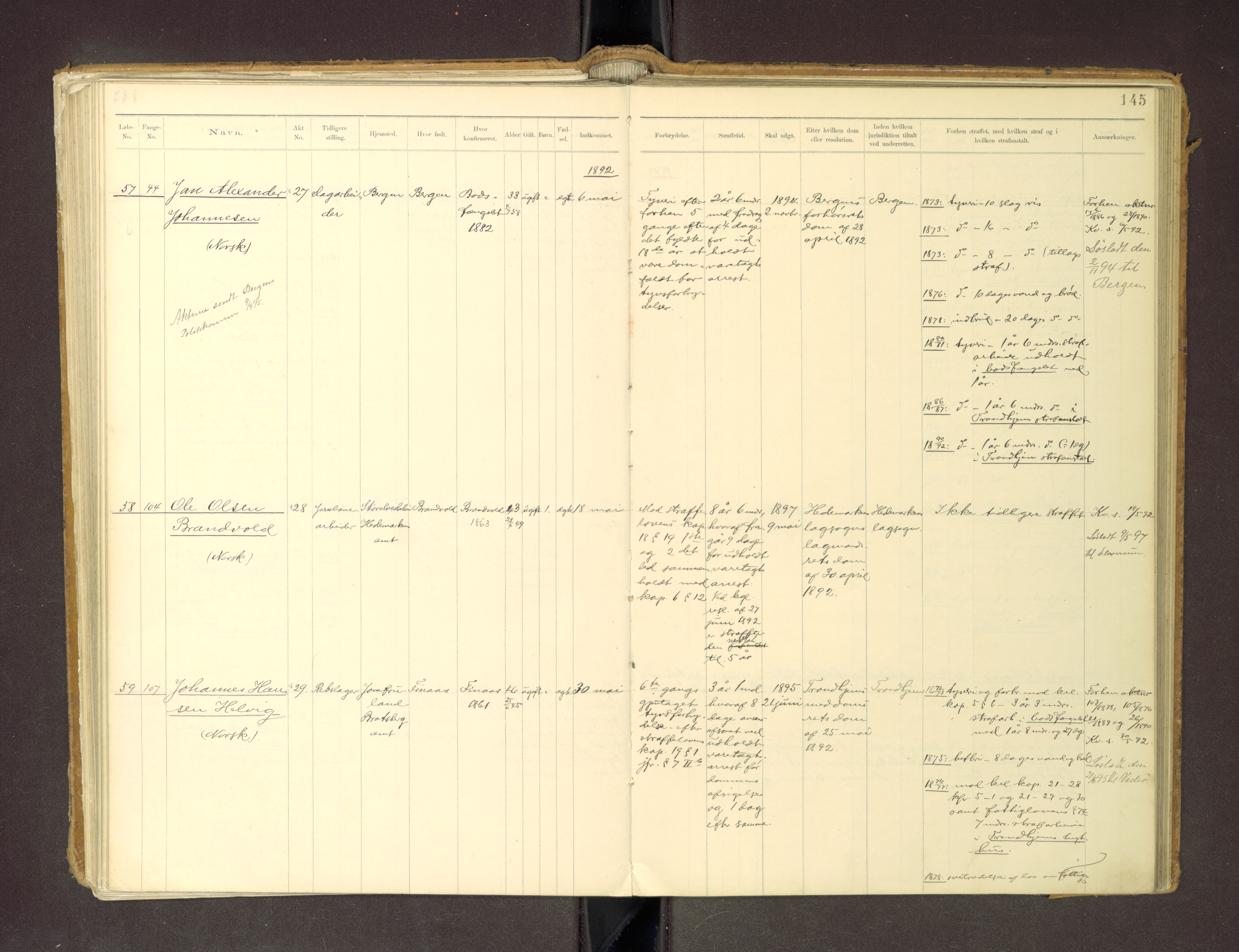 Trondheim tukthus, AV/SAT-A-4619/05/65/L0036: 65.36 Fangeprotokoll m/reg, 1885-1898, s. 145