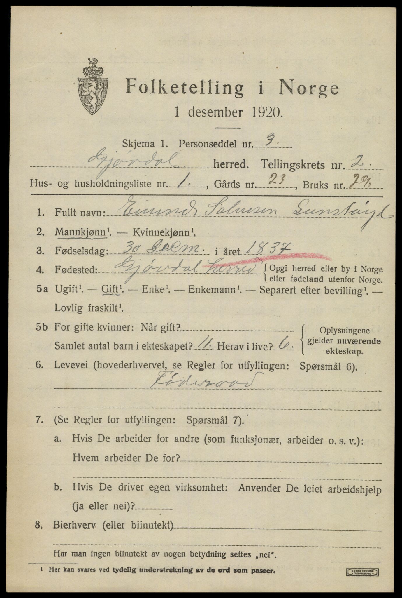 SAK, Folketelling 1920 for 0930 Gjøvdal herred, 1920, s. 834