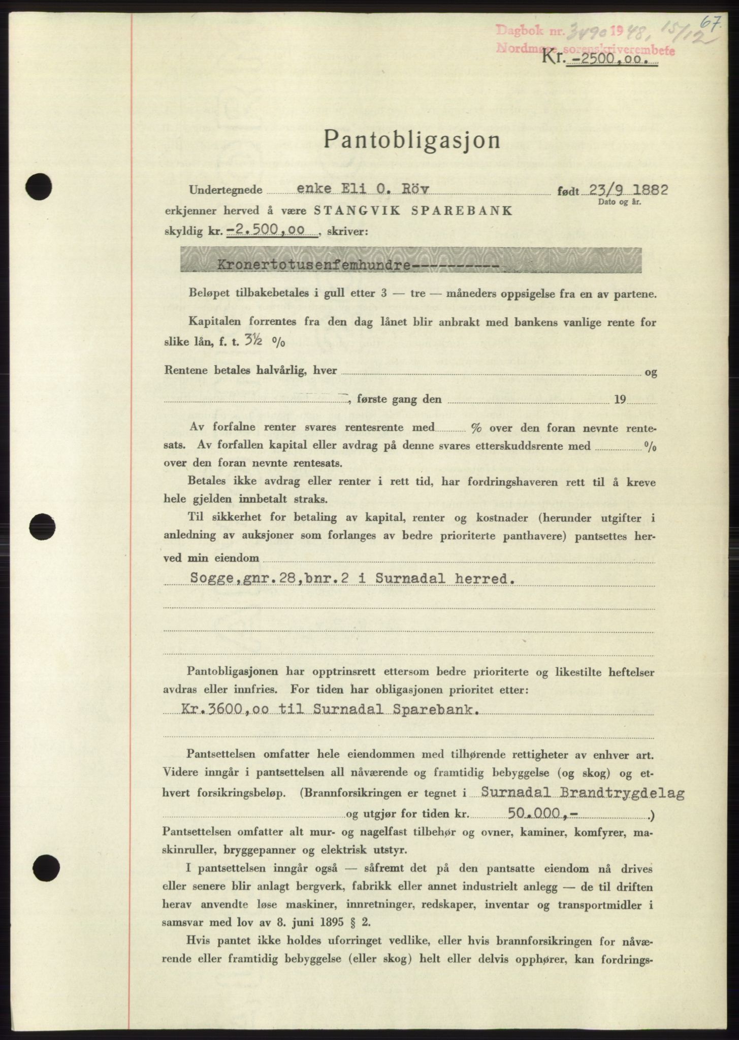 Nordmøre sorenskriveri, SAT/A-4132/1/2/2Ca: Pantebok nr. B100, 1948-1949, Dagboknr: 3490/1948
