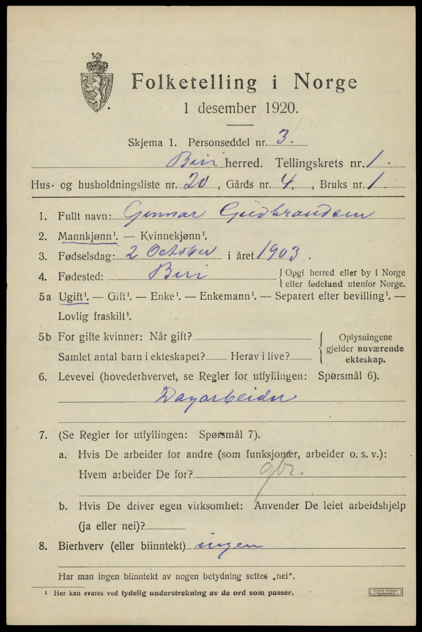 SAH, Folketelling 1920 for 0525 Biri herred, 1920, s. 1351