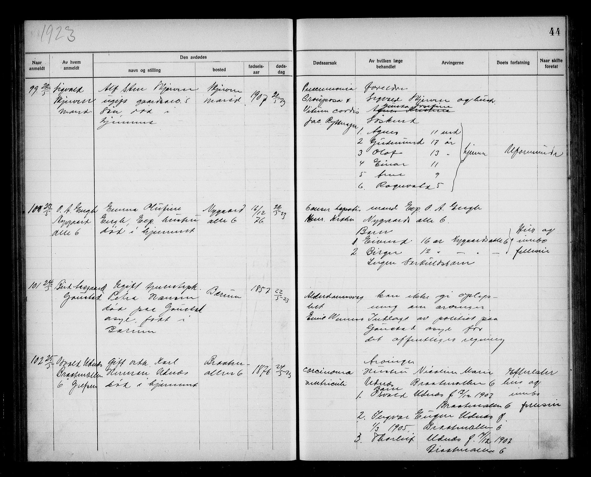 Aker kriminaldommer, skifte- og auksjonsforvalterembete, SAO/A-10452/H/Hb/Hba/Hbab/L0001: Dødsfallsprotokoll for Vestre Aker, 1922-1925, s. 44