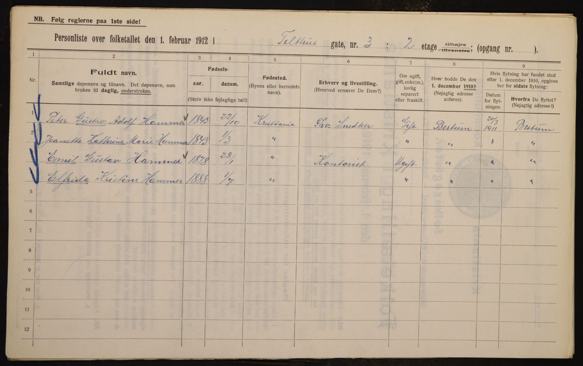 OBA, Kommunal folketelling 1.2.1912 for Kristiania, 1912, s. 107602