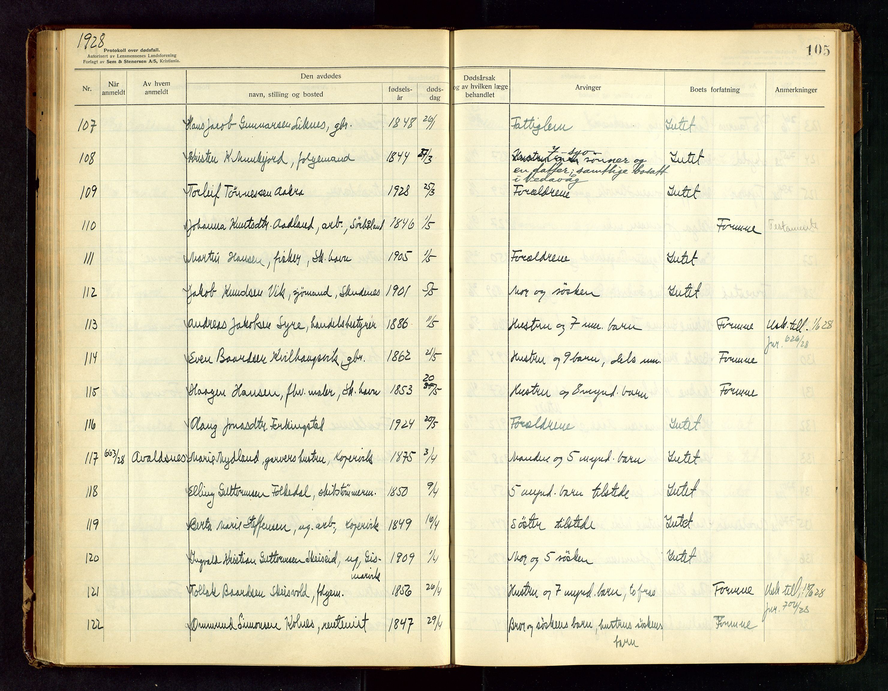 Karmsund sorenskriveri, SAST/A-100311/01/IV/IVAB/L0005: DØDSFALLSPROTOKOLL, 1923-1933, s. 105